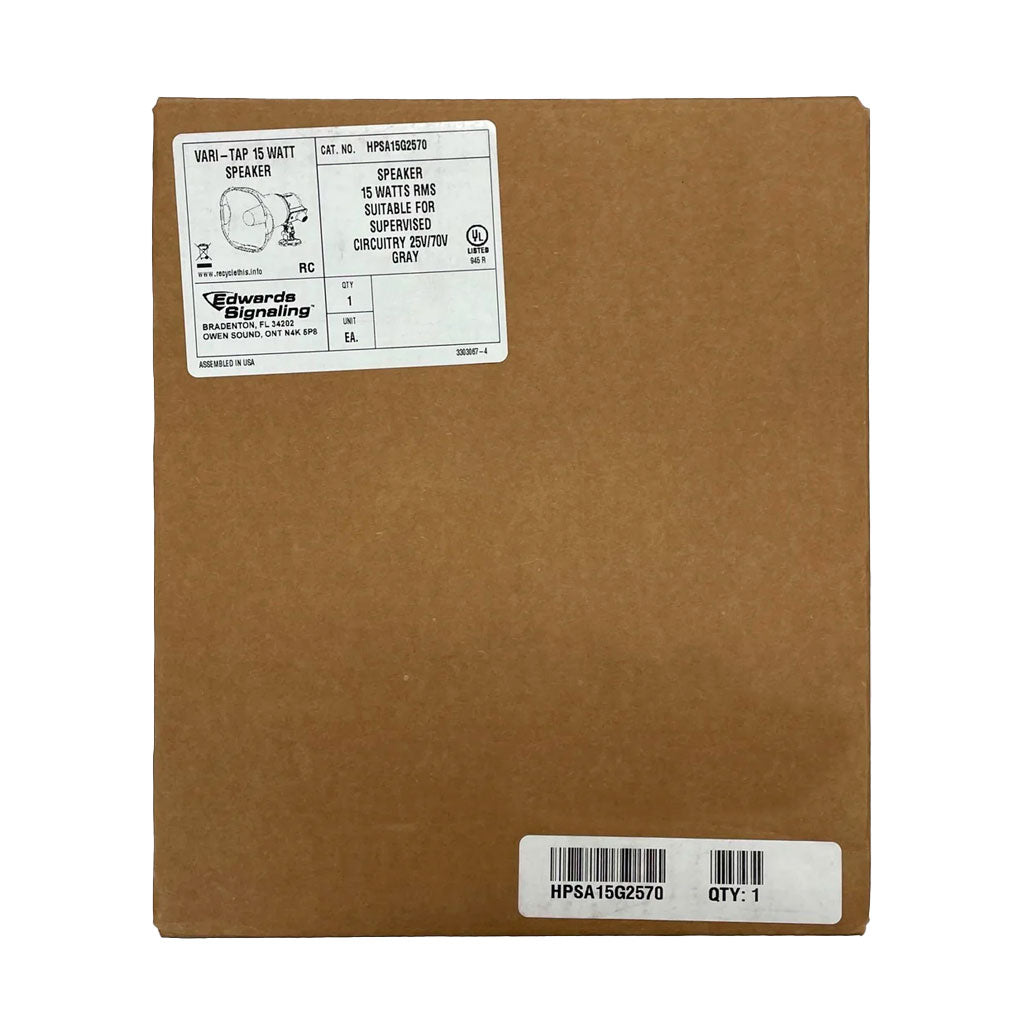 Edwards HPSA15G2570 15-watt loudspeaker, black speaker with grille and mounting hardware, designed for sound amplification systems.