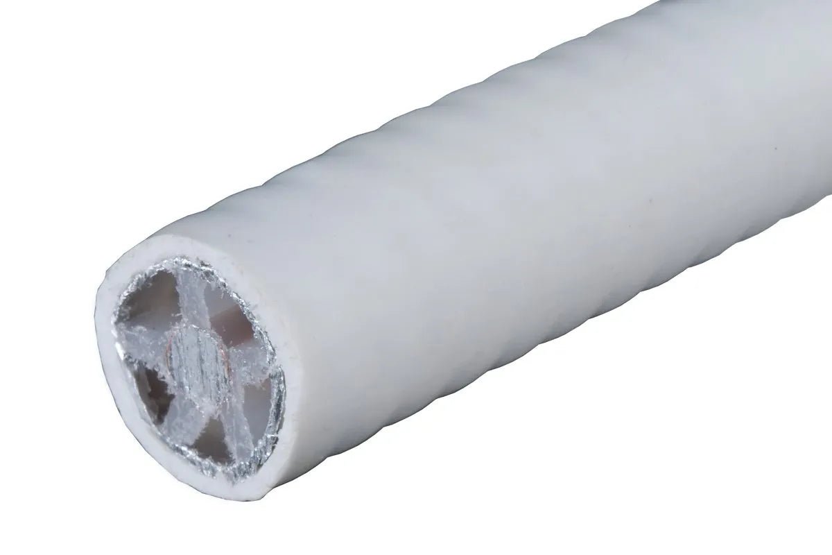 White Gamma Electronics PLN-AL-50-WHT-SP 1000 ft cable coiled on a reel, designed for professional audio and video connections.