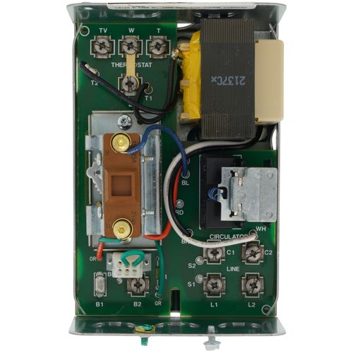 Resideo L8148E1265/U high limit vertical mount aquastat relay for fire alarm systems, with wiring connections visible.