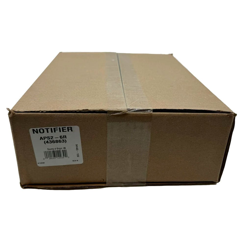 Notifier APS2-6R 150-Watt power supply for fire alarm systems, shown with metal casing and connection terminals.