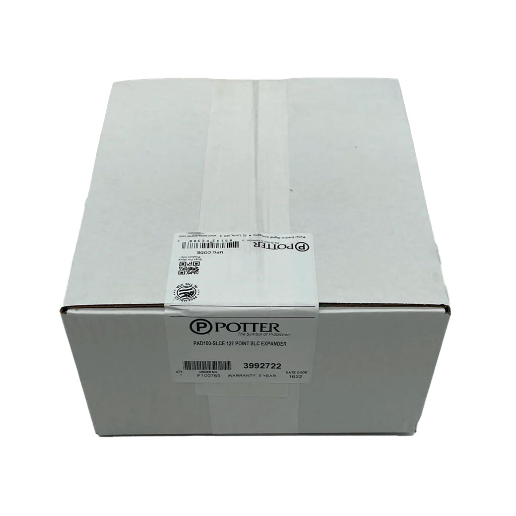 Potter PAD100-SLCE Addressable Loop Expander module for fire alarm systems, shown with its connectors and circuit board.