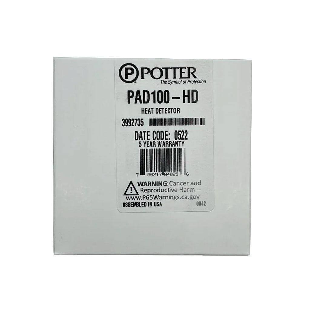 Potter PAD100-HD heat detector with fixed temperature and rate-of-rise sensor, designed for fire safety and early heat detection.