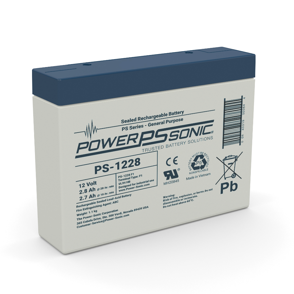 Power Sonic PS-1228 F1 12V 2.8AH sealed lead acid battery, shown with white and black casing and terminal connections.