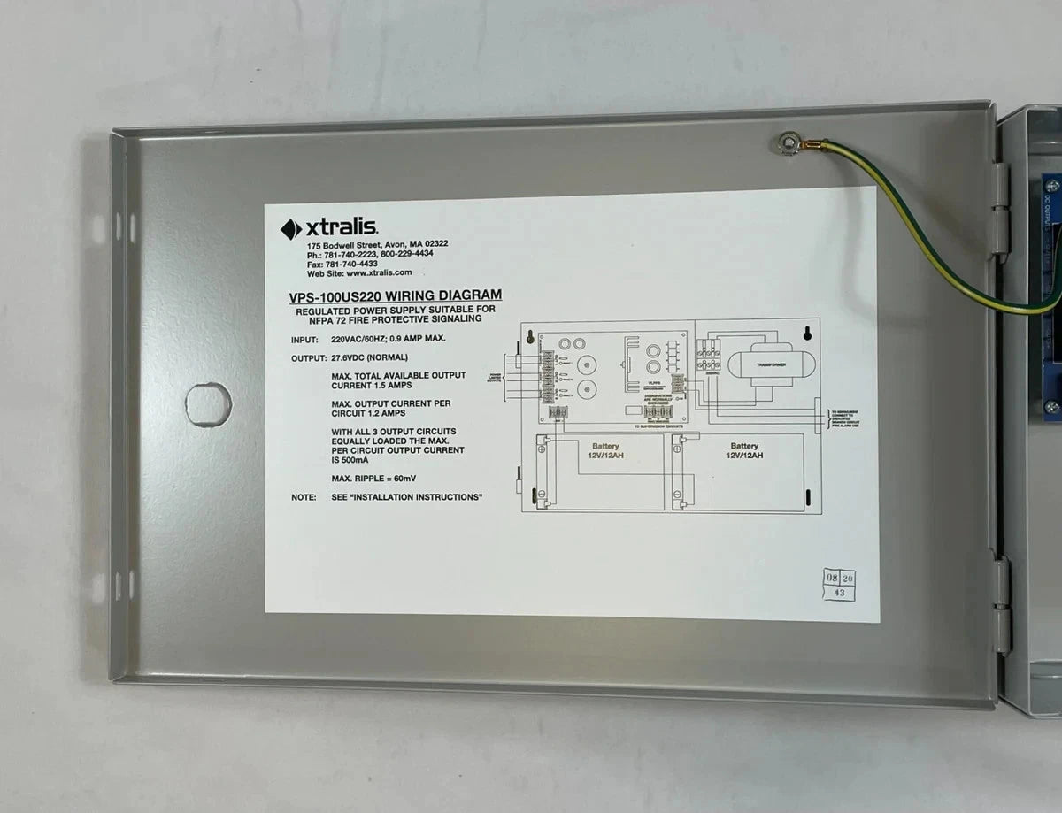 Vesda VPS-100US-220 power supply with housing, 220VAC, for single-zone fire alarm systems, by Xtralis.