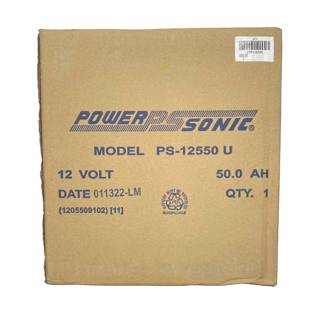 Simplex 2081-9296 PS-12550 U 12V 50Ah battery showing terminals and label for automotive or backup power use