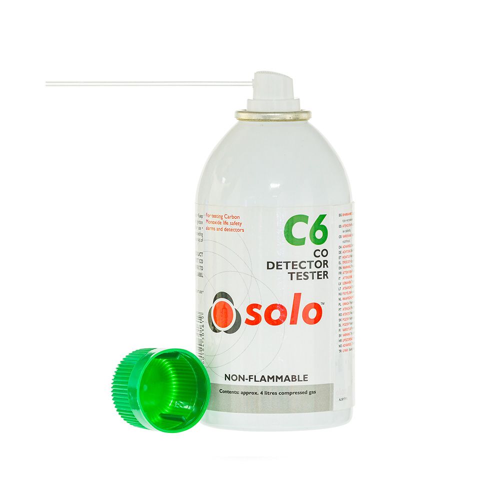 Solo C6 CO Test Aerosol for hand-held use, compact tester for detecting carbon monoxide levels in the air.