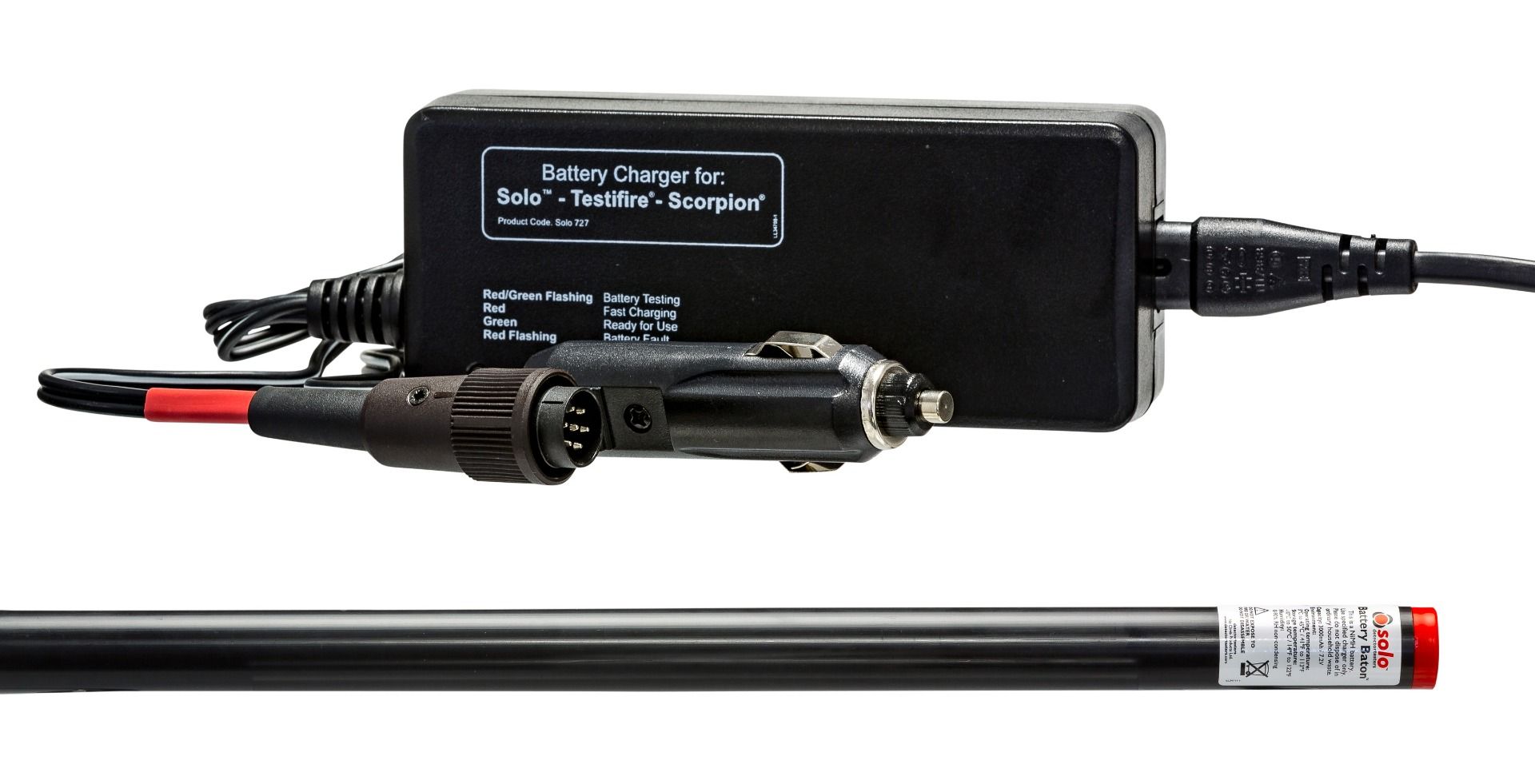 Solo SOLO727-024 battery baton charger with USA plug for fire alarm batteries, shown alongside a replacement fire alarm battery.