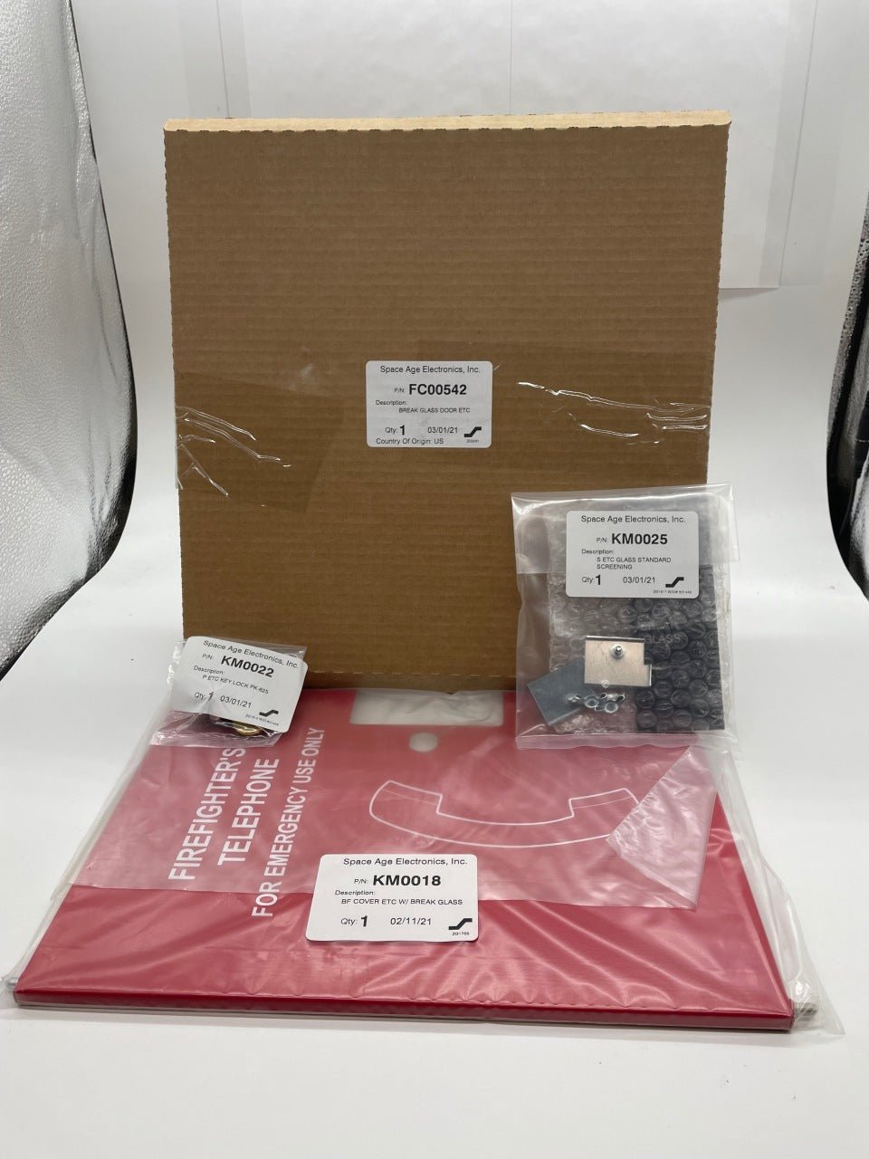 Space Age FC00542 fire alarm with break glass door, emergency alert device for safety and fire prevention.
