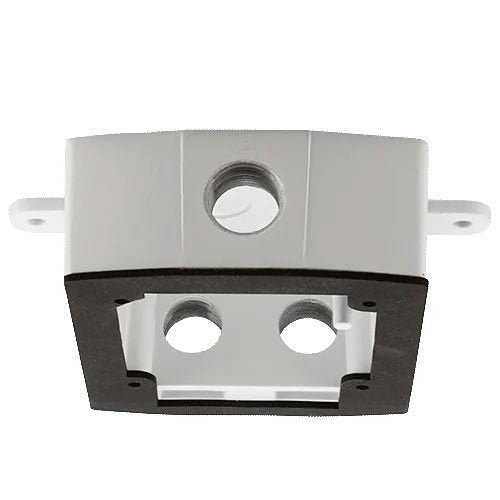 White System Sensor SA-WBBW metal wall mount outdoor back box mounted on a wall for electrical installations.