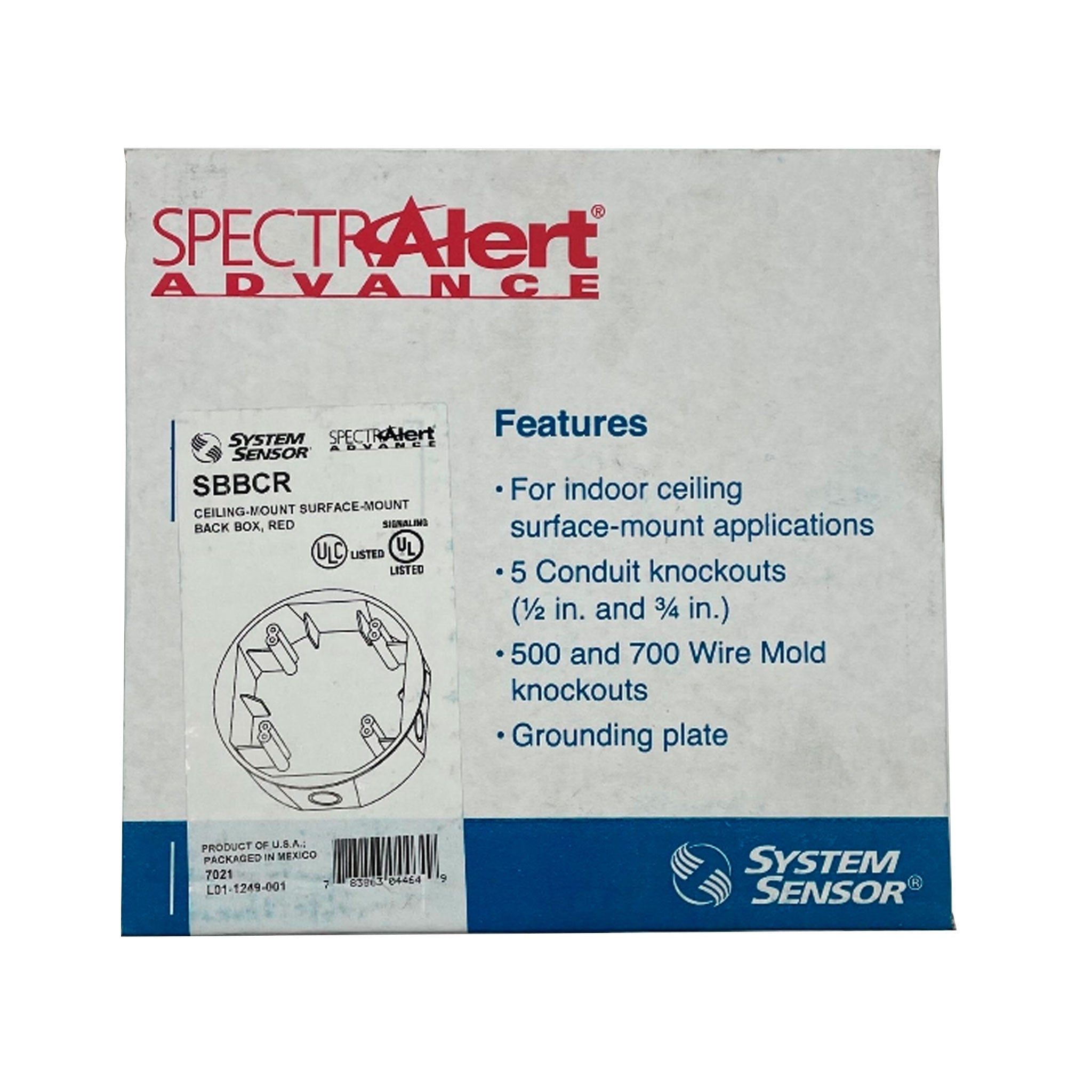 System Sensor SBBCR surface mount back box for fire alarm systems, shown in white plastic with mounting features.