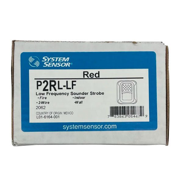 System Sensor P2RL-LF low frequency sounder strobe with red casing and mounting bracket, designed for alarm and alert systems.