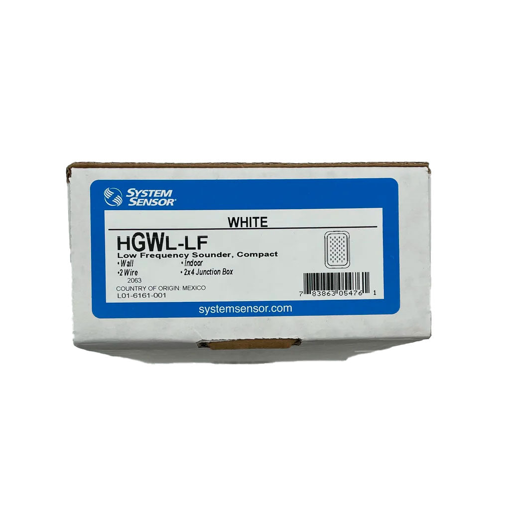 System Sensor HGWL-LF low-frequency compact sounder, a white alarm sounder with a durable housing and adjustable mounting options.