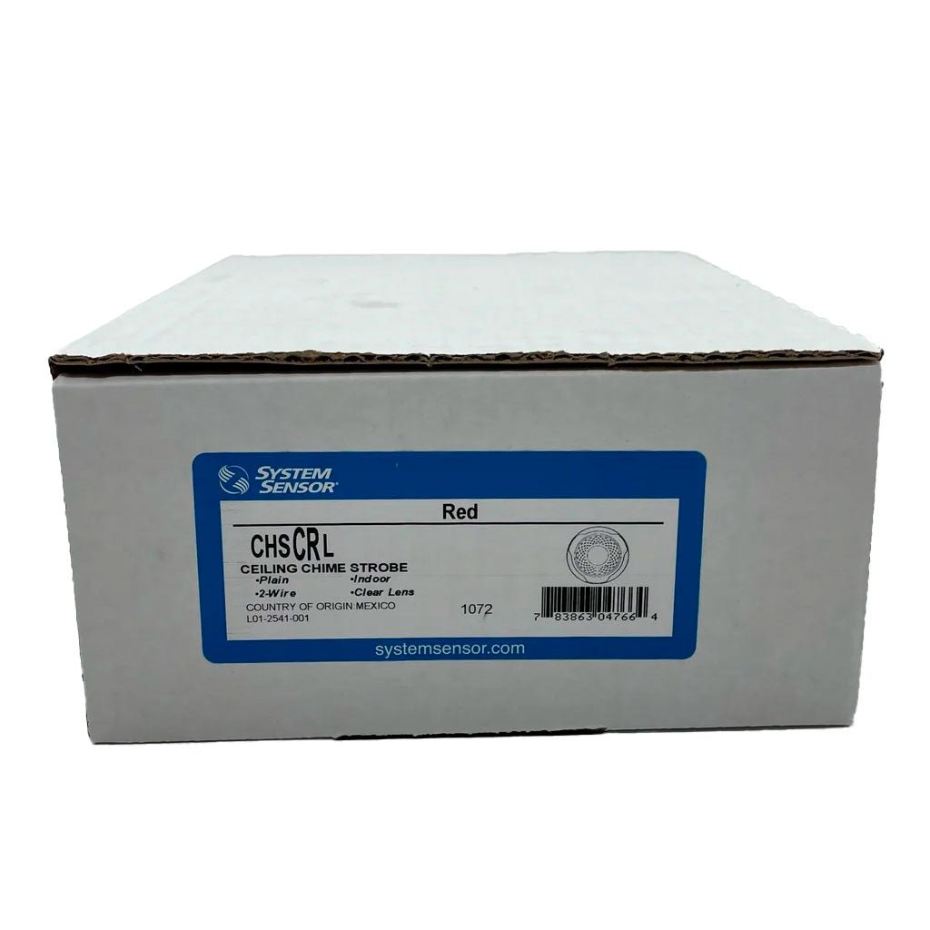 Red ceiling chime strobe light by System Sensor, designed for alert and safety signaling in commercial or industrial spaces.