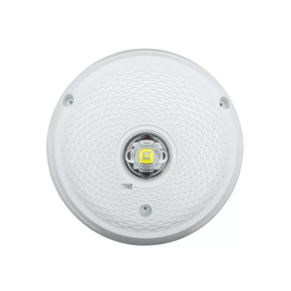 Outdoor ceiling-mounted LED strobe light from System Sensor's L-Series, designed for outdoor safety and emergency signaling.