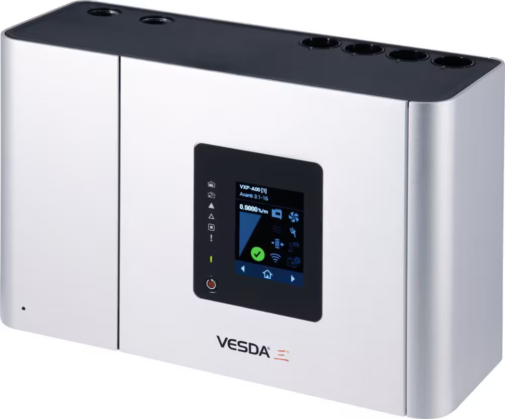 Vesda by Xtralis VESDA VEU-A10 aspirating smoke detector with 3.5-inch display, featuring sensors and control panel.