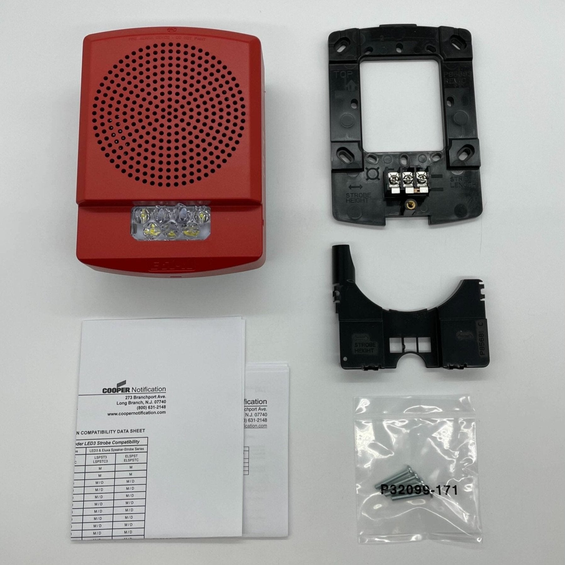 Eaton Wheelock ELFHSR Eluxa low frequency sounder strobe with red lens and mounting bracket for emergency alert signaling.