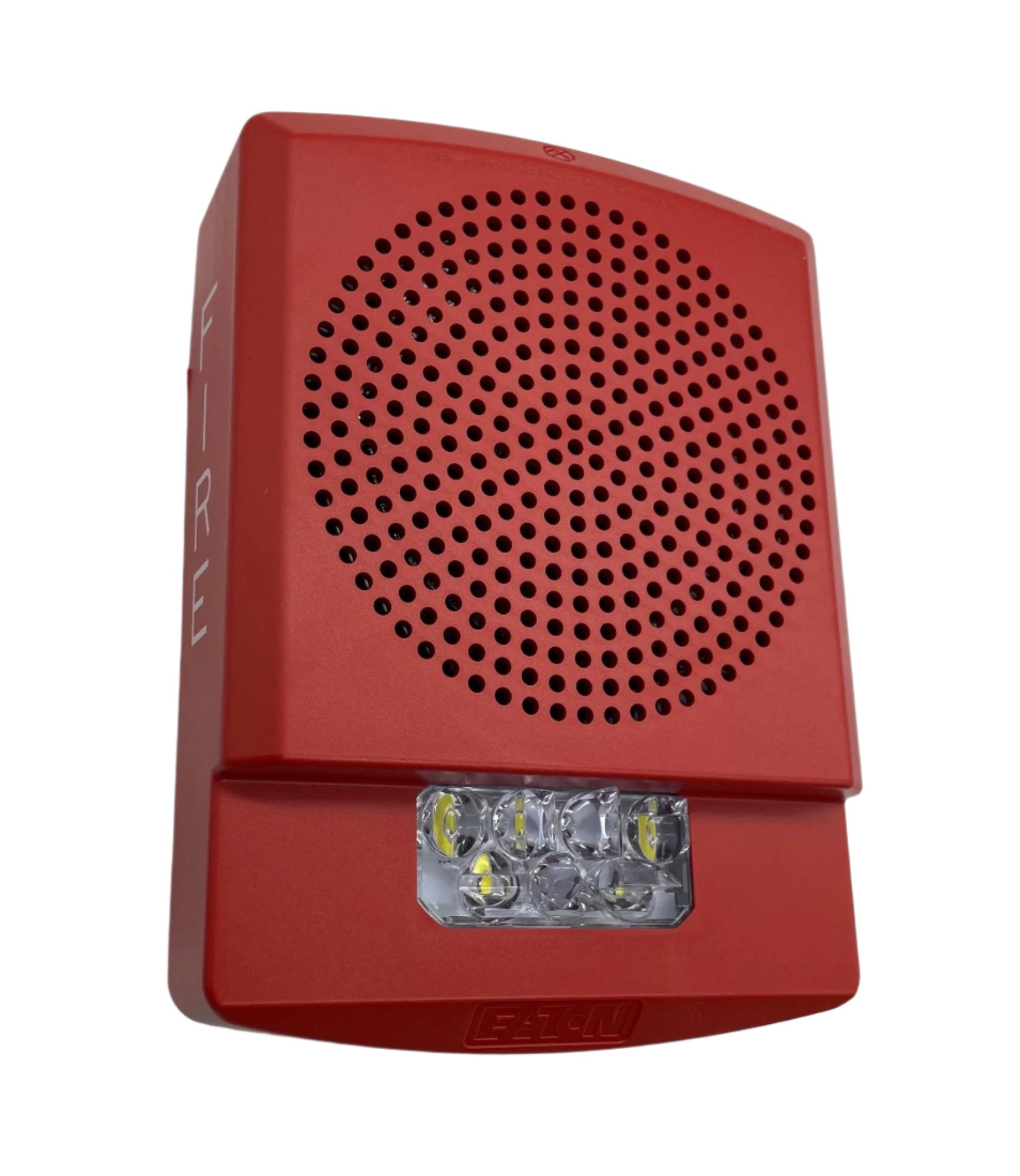Eaton Wheelock ELFHSR Eluxa low-frequency sounder strobe with clear lens and mounting base, designed for emergency alert systems