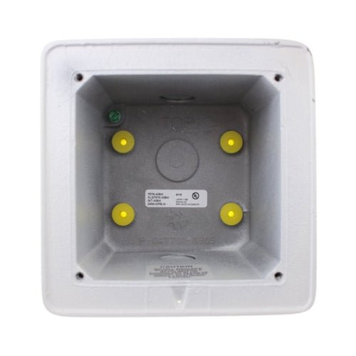 Edwards 757A-WBW fire alarm with white smoke detector and alarm horn, mounted on ceiling for fire safety.