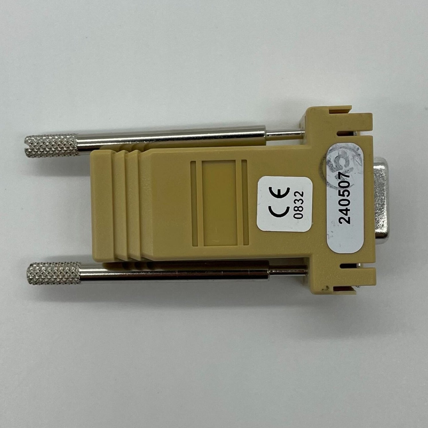 Edwards DB9/RJ11 connector assembly for fire alarms, featuring RS232 and RJ11 ports on a compact metal connector.