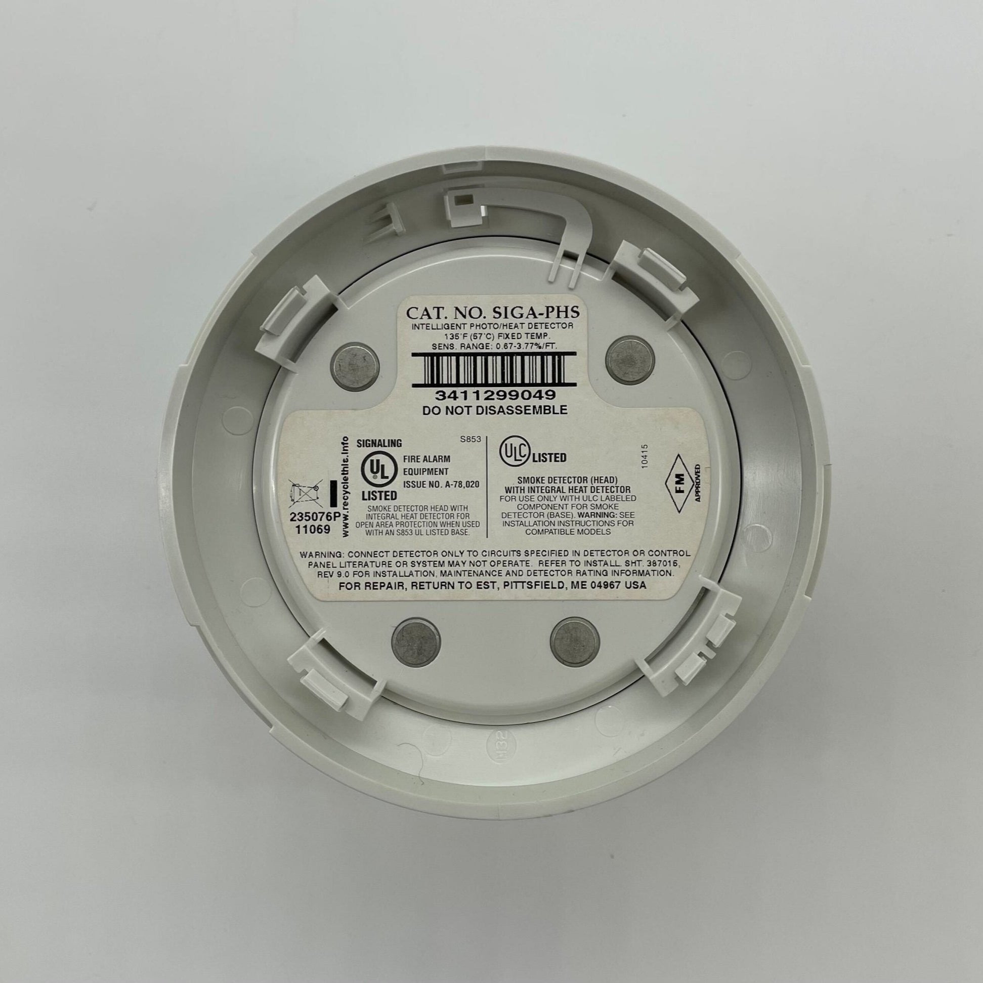 Edwards SIGA-PHS Intelligent 3D Multisensor Heat Detector with photoelectric sensor, mounted on ceiling for fire detection.
