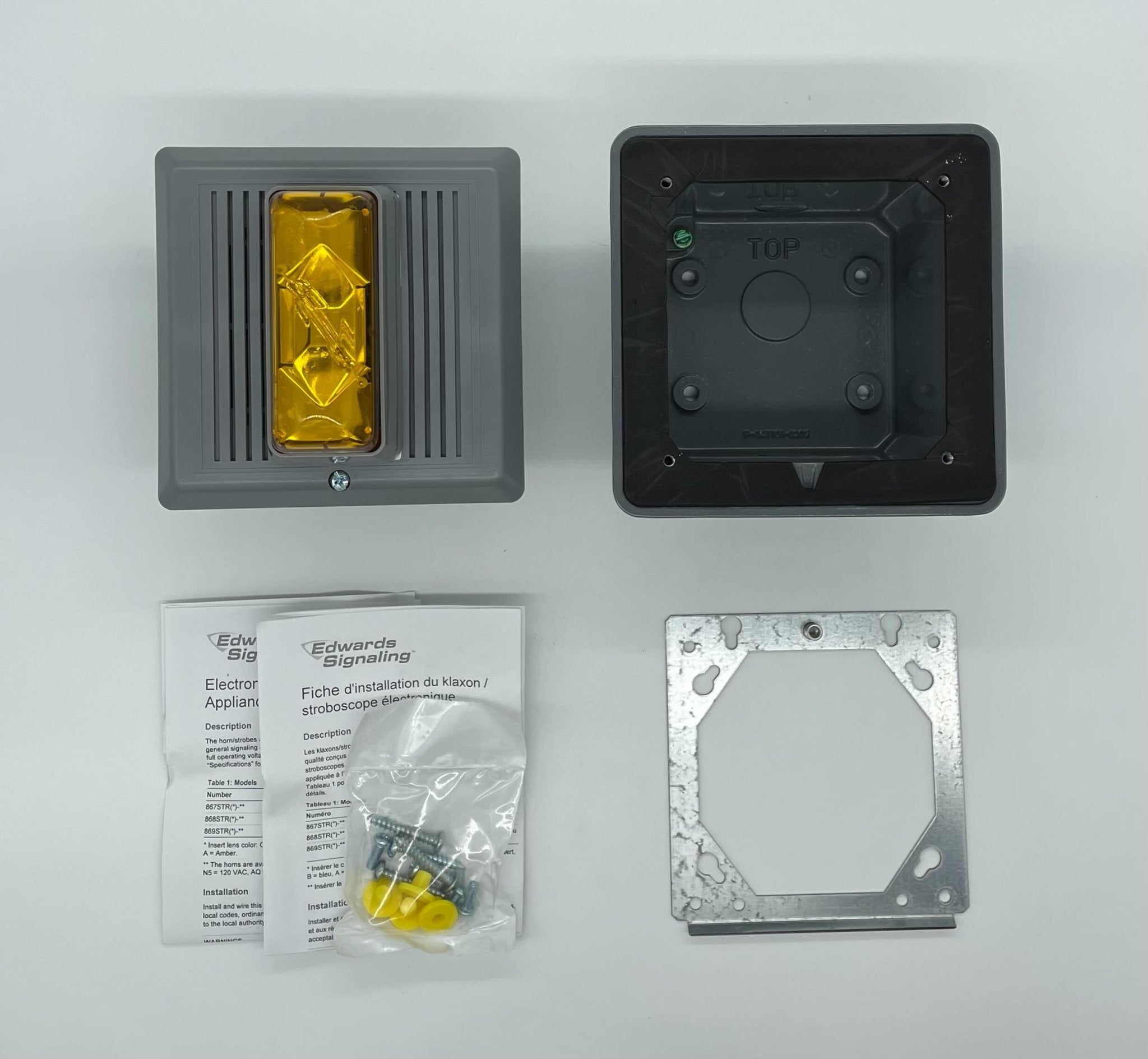 Edwards 868STRA-N5 horn strobe alarm with white housing and mounting bracket, designed for fire and emergency notification systems