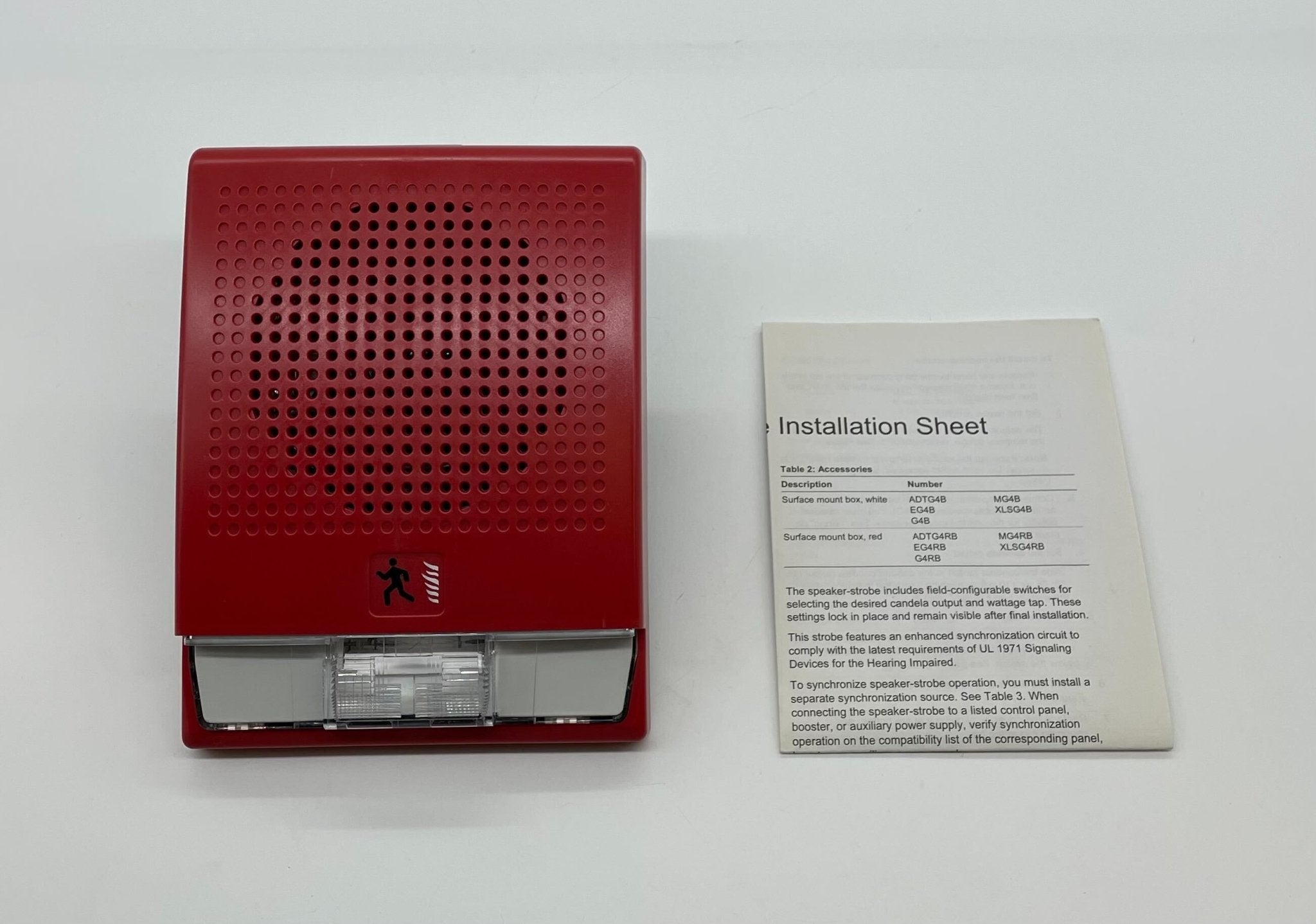 Edwards G4R-S2VM speaker-strobe alarm with 25V voltage, mounted on wall for fire safety alert system.