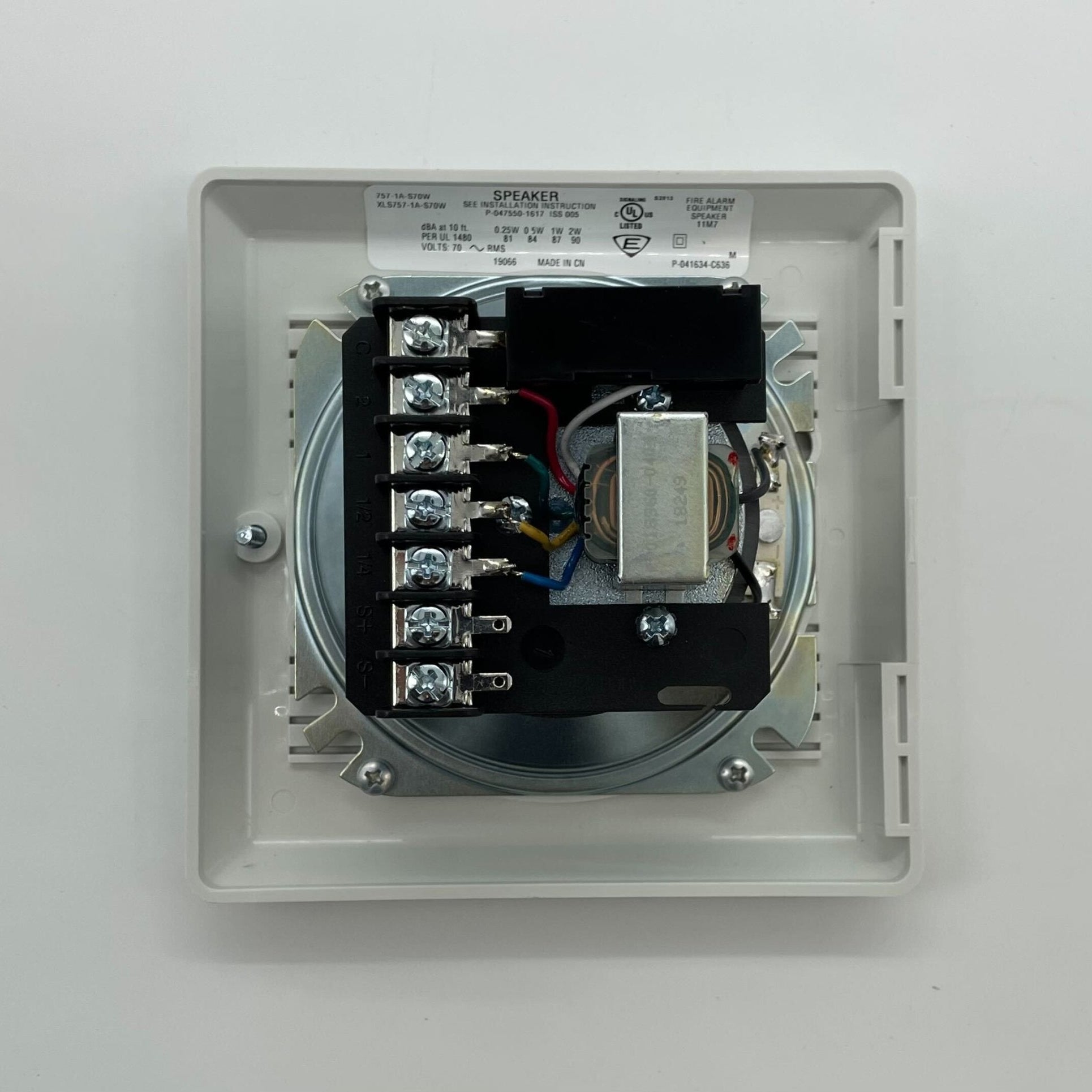White Edwards 757-1A-S70W 70V cone type speaker showing the front view with grill and branding.