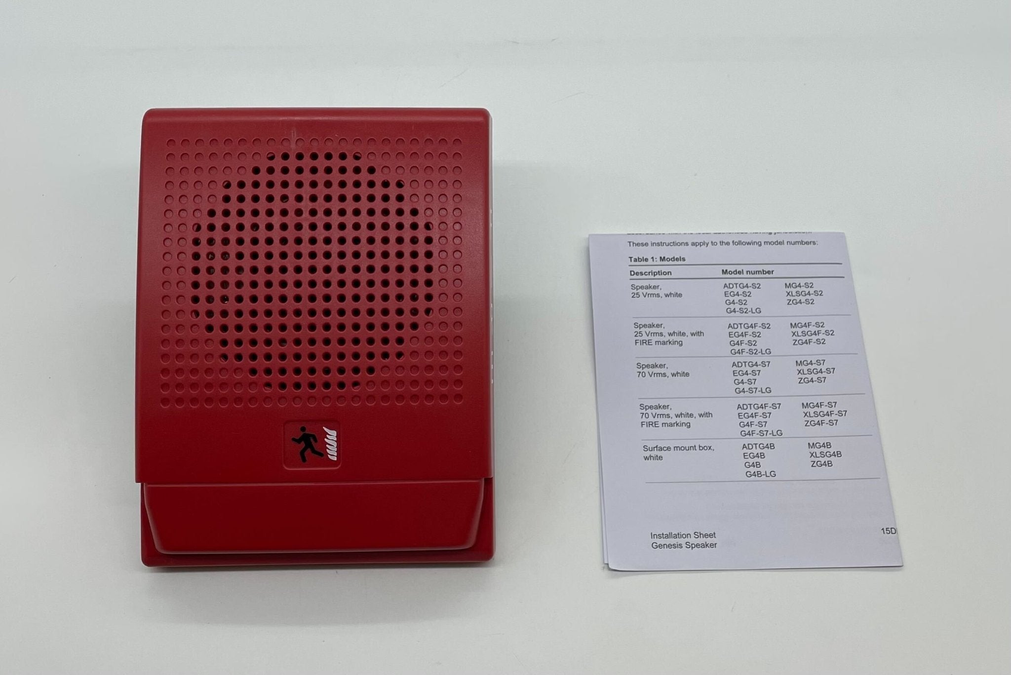 Edwards G4RF-S2 25V multi-tap fire-resistant speaker in red, designed for fire alarm systems, shown in close-up view.