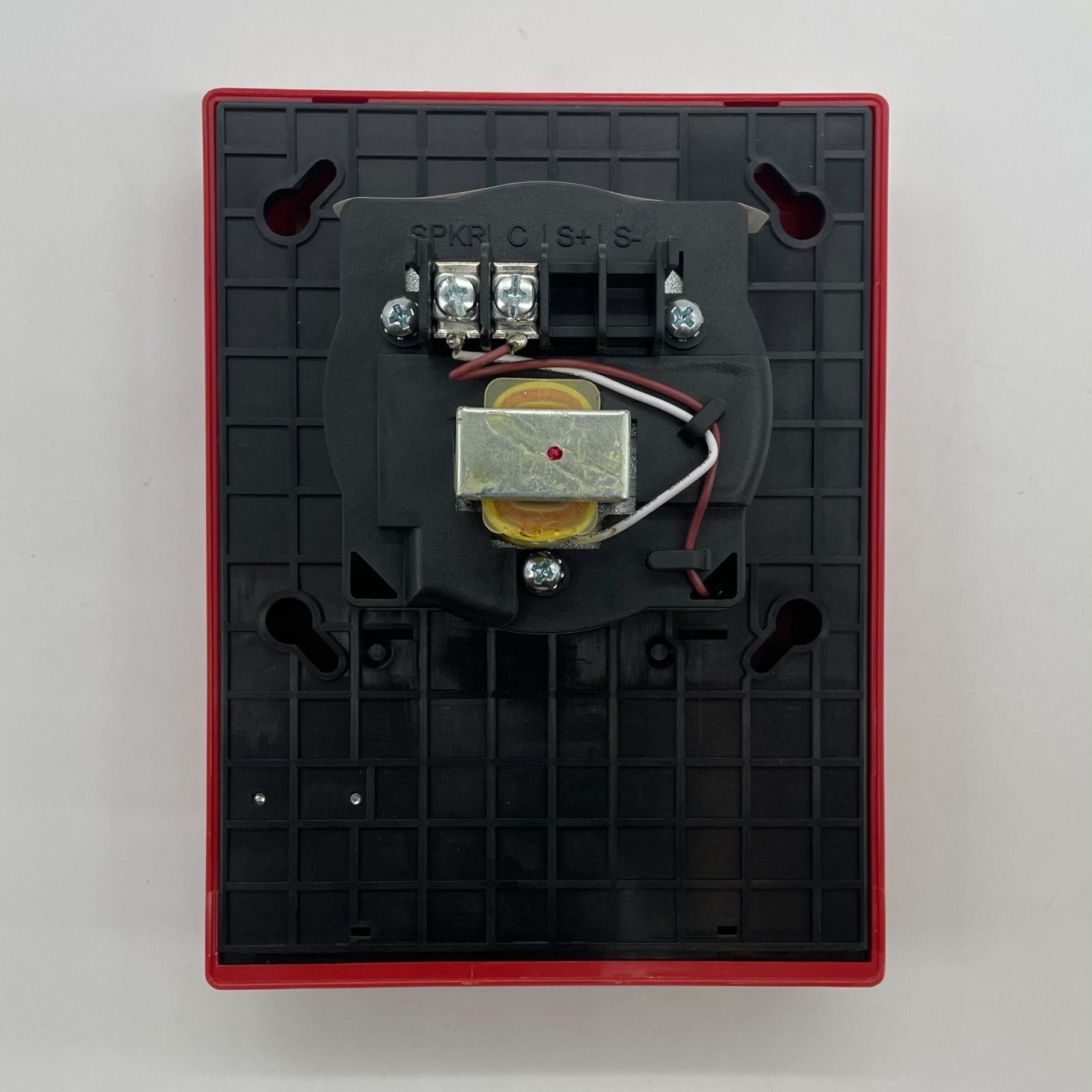 Edwards G4RF-S2 25V fire alarm speaker in red, multi-tap design, mounted for emergency announcement or alert.