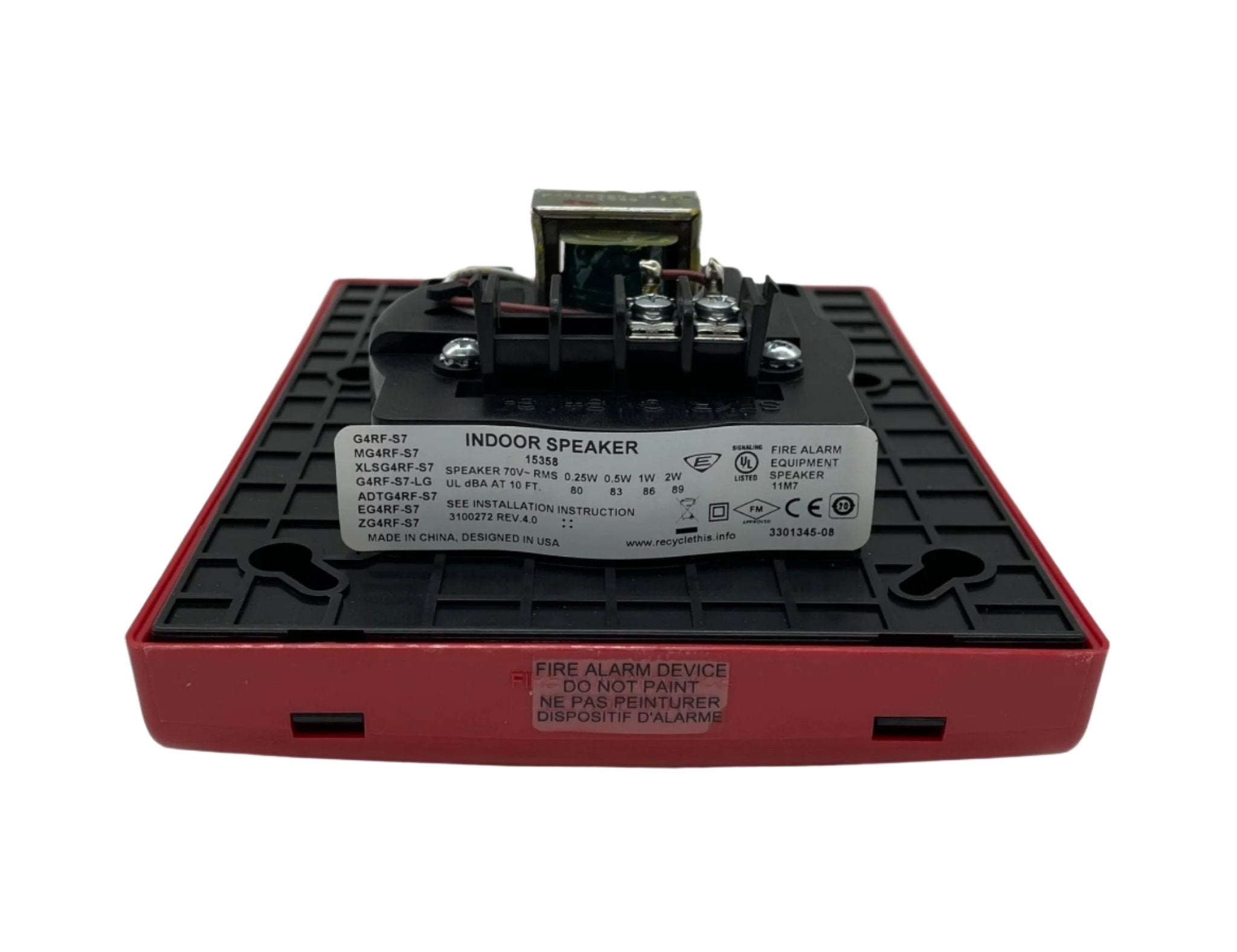 Edwards G4RF-S7 70V speaker showing a compact black speaker with mounting bracket for commercial audio systems.