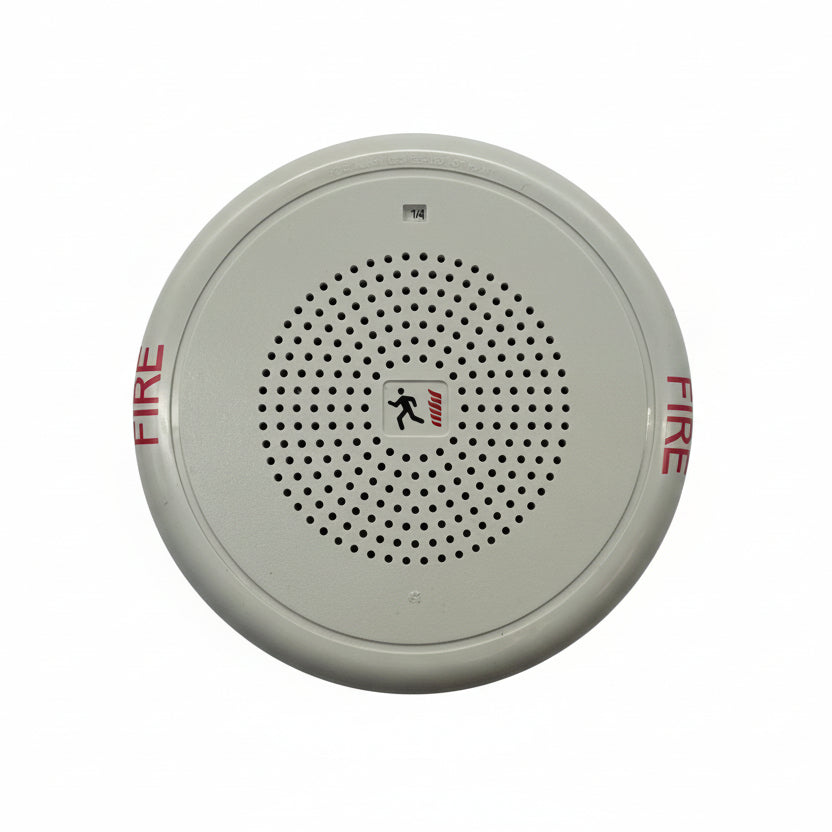 White Edwards GCF-S2 25V speaker with fire mark, compact audio device for fire alarm or emergency notification systems.
