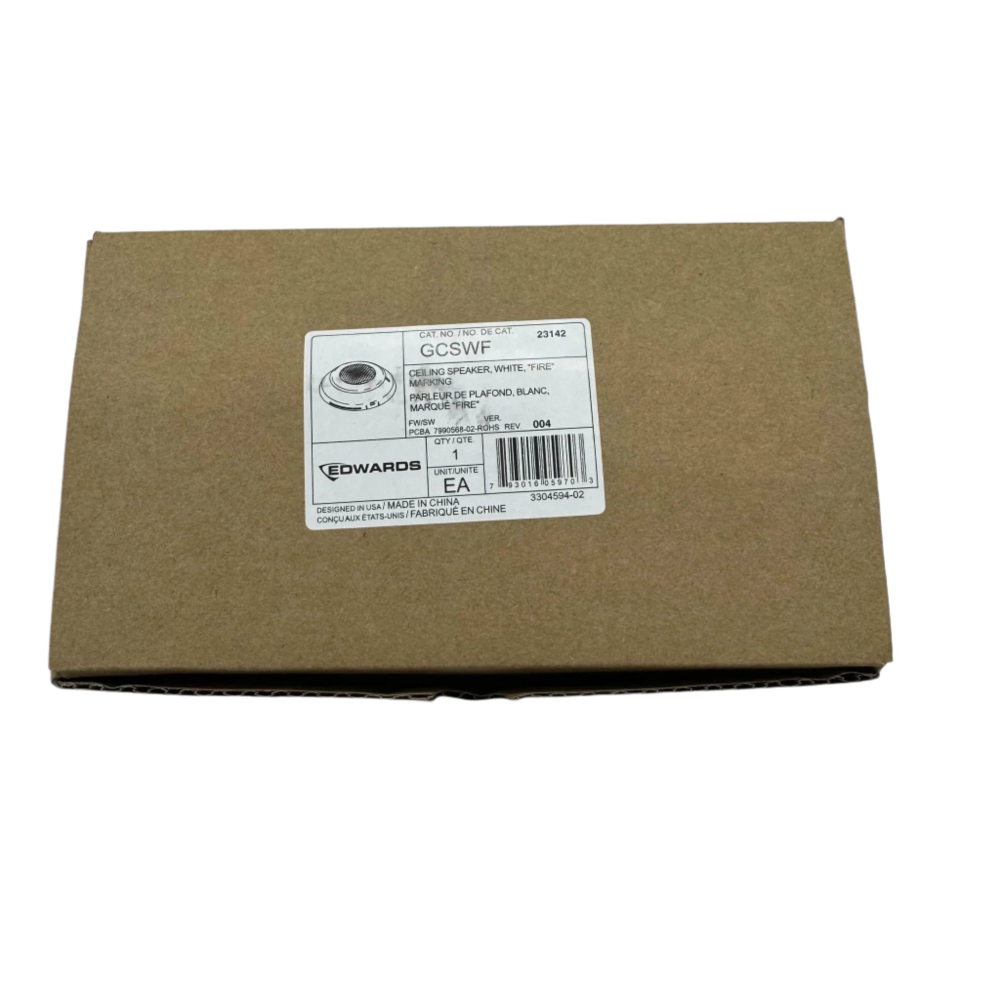 White Edwards GCSWF ceiling speaker with fire marking for emergency sound systems, designed for ceiling installation.