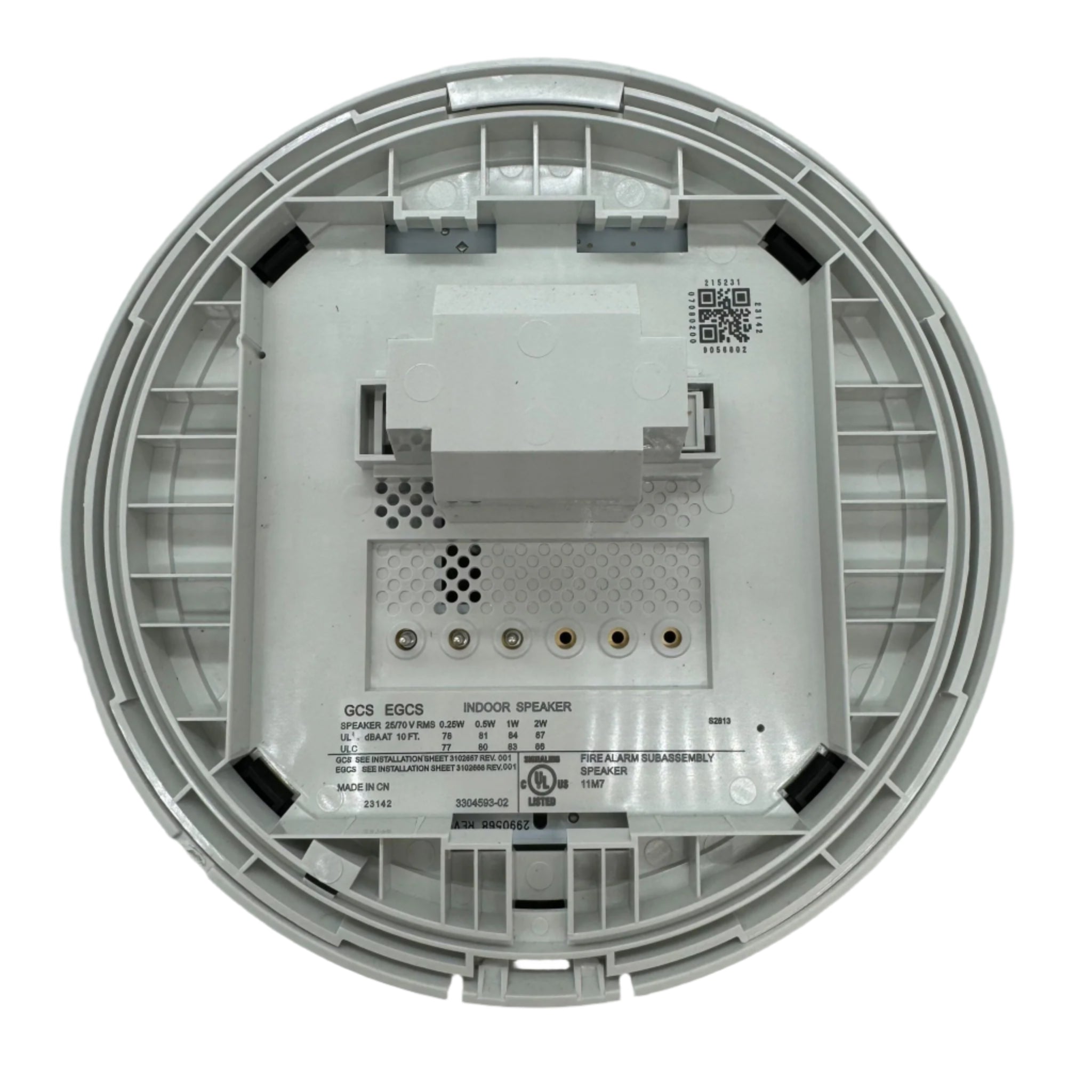 White Edwards GCSWF ceiling speaker with fire marking, designed for emergency fire alarm systems and public safety sound coverage.