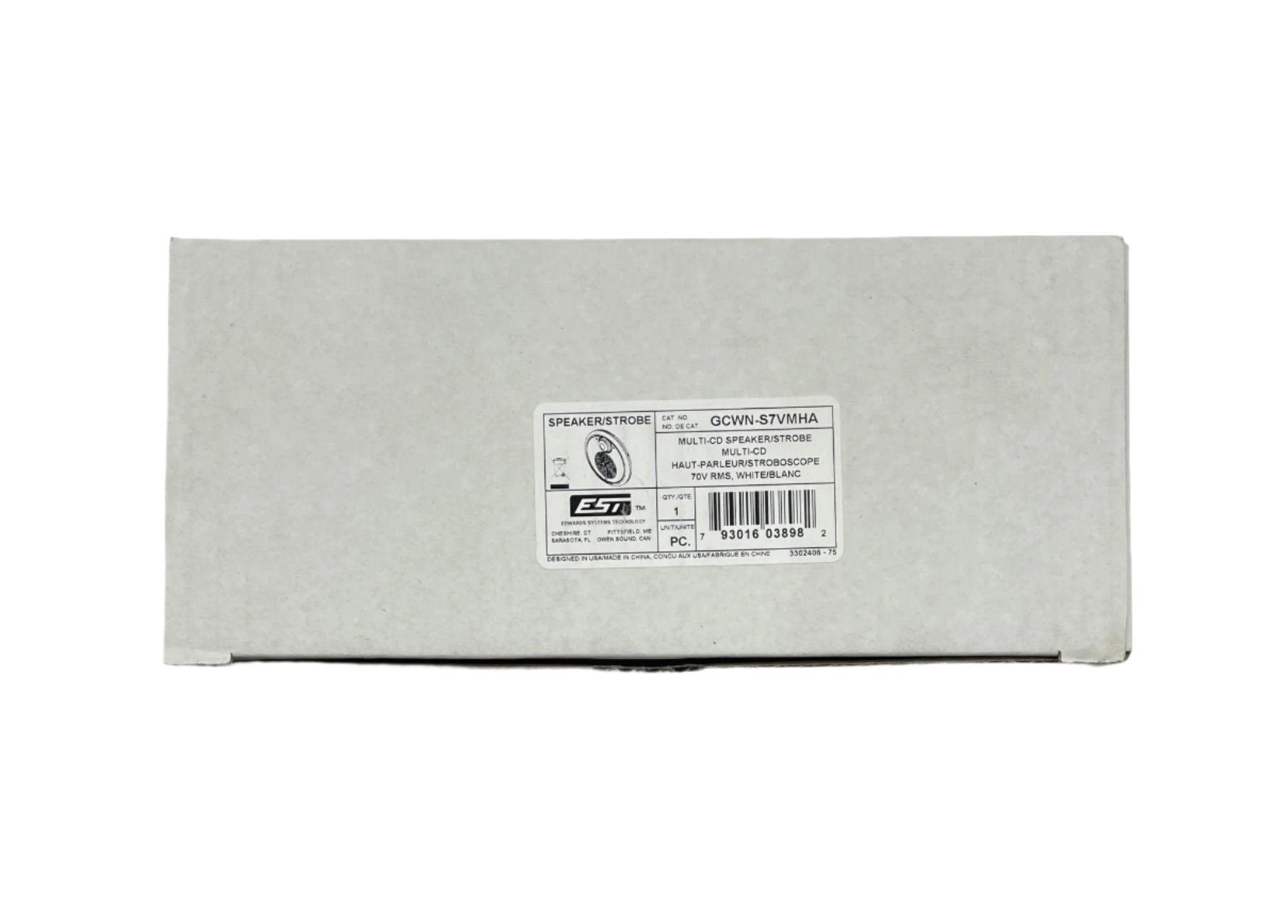 Edwards GCWN-S7VMHA GC Ceiling 70V speaker strobe with white housing and mounting hardware, designed for emergency signaling.