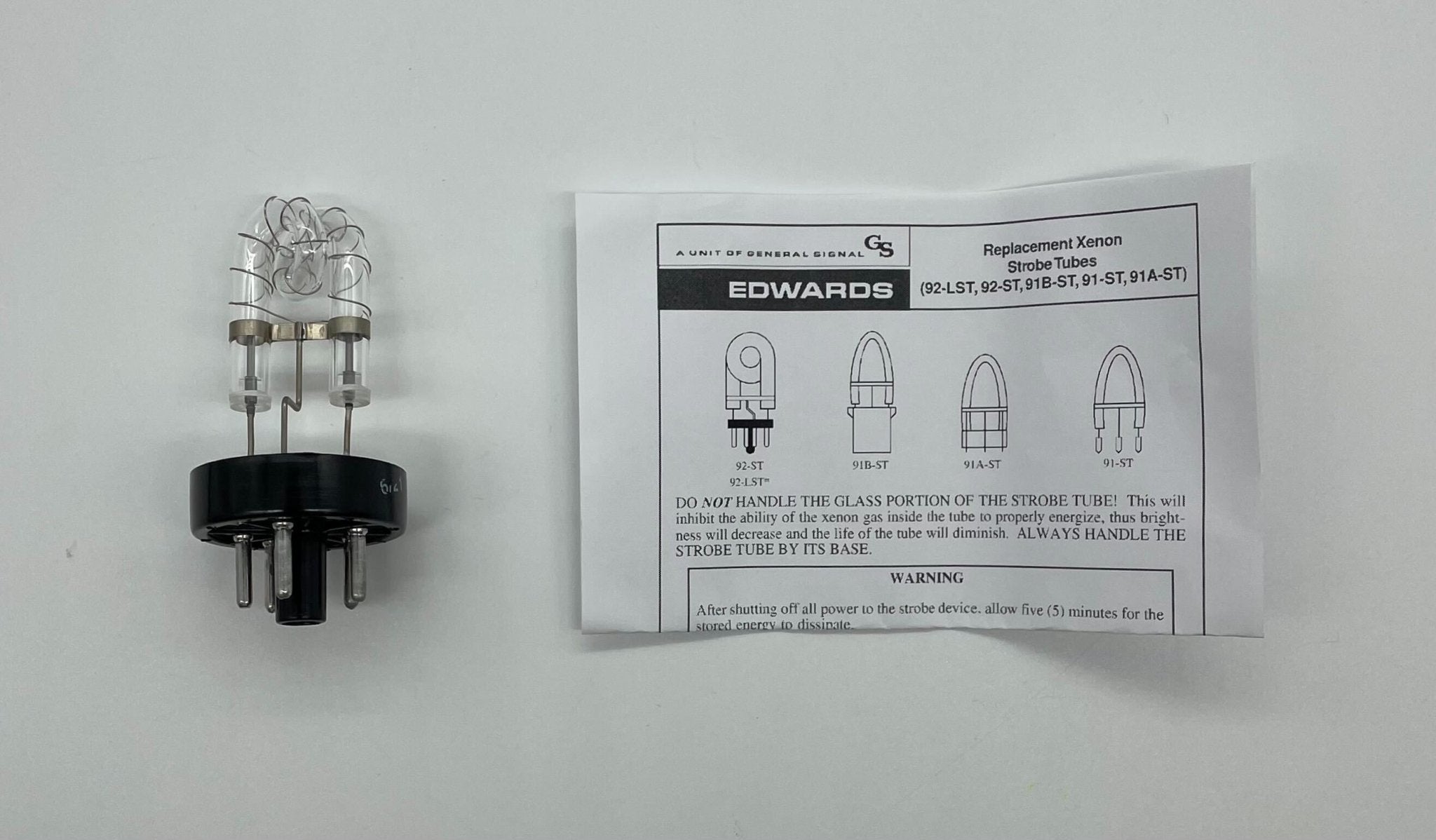 Edwards 92-ST Xenon strobe tube for industrial strobes, shown in a clear view of the replacement strobe tube on a white background.