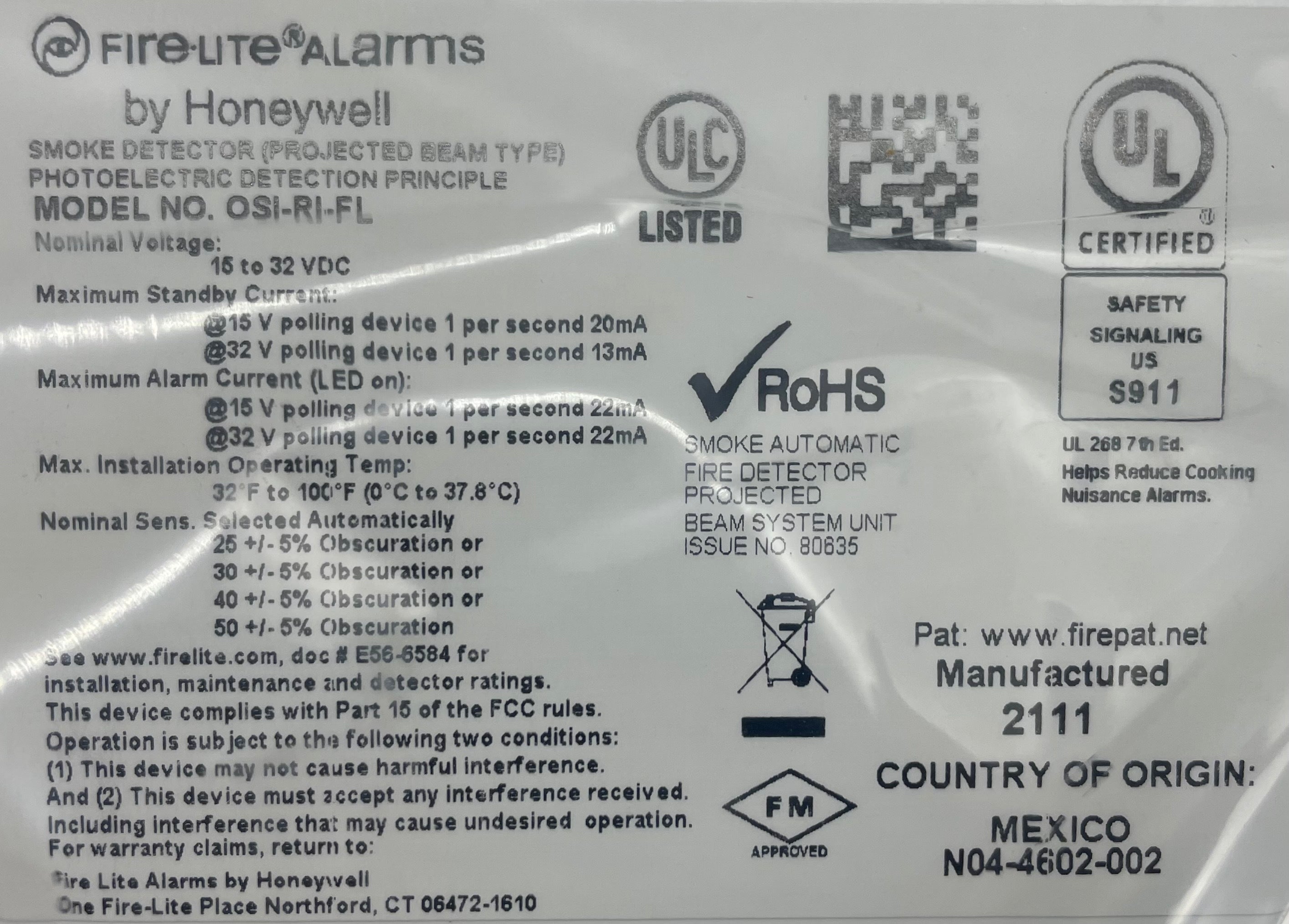 Fire-Lite OSI-RI-FL Intelligent Beam Smoke Detector - The Fire Alarm Supplier