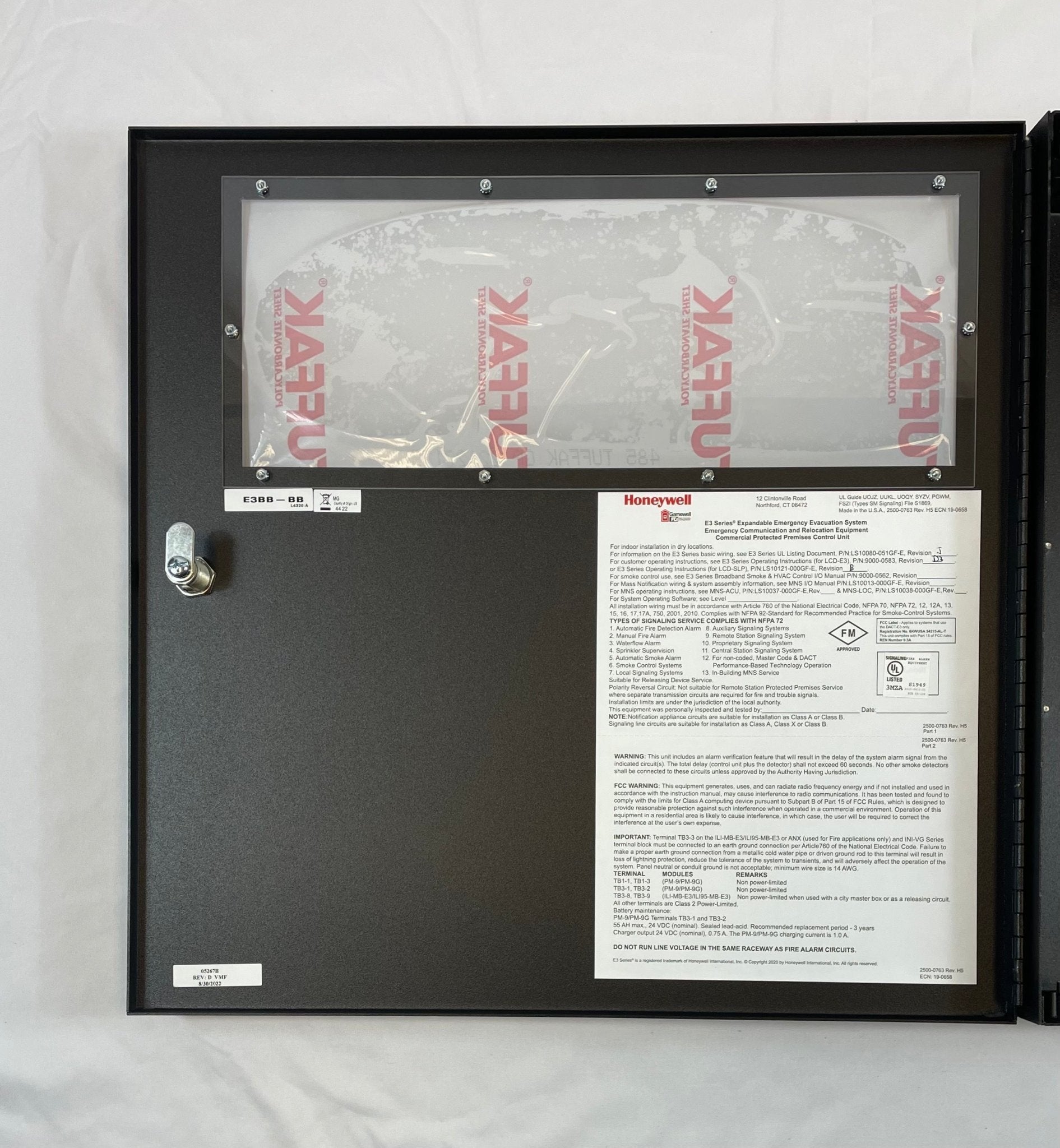 Gamewell-FCI E3BB-BB enclosure cabinet, LOC “B” size, sturdy metal fire alarm system cabinet with secure door, black finish.