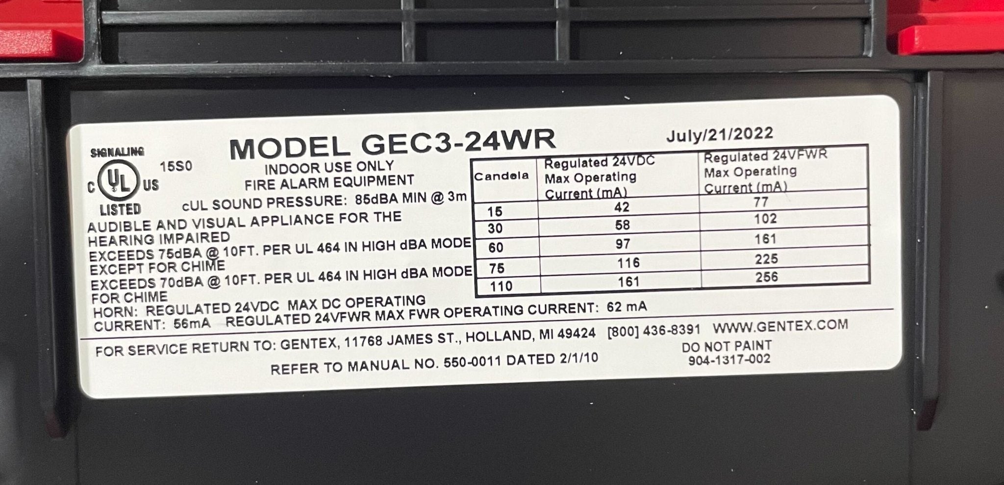Gentex GEC3-24WR (904-1317-002) 24V Select Candela