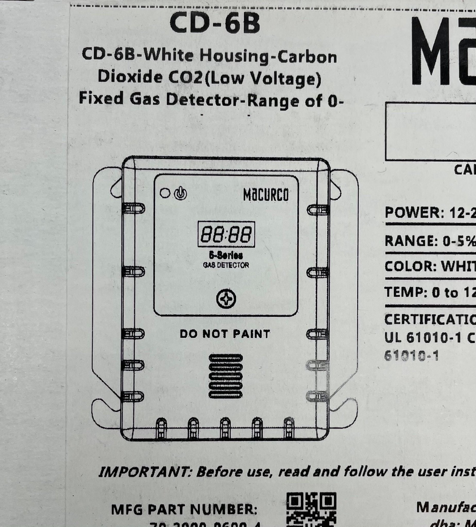 Macurco CD-6B Carbon Dioxide Fixed Gas Detector Box - The Fire Alarm Supplier