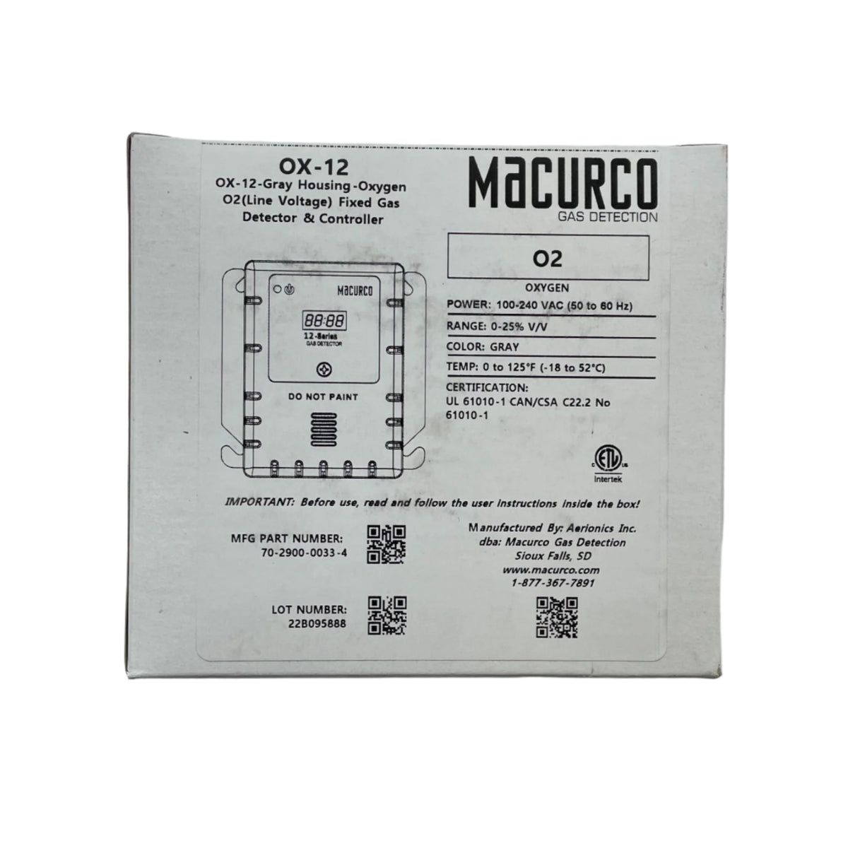 Macurco OX-12 Oxygen O2 (Line Voltage) Fixed Gas Detector Gray Color ...