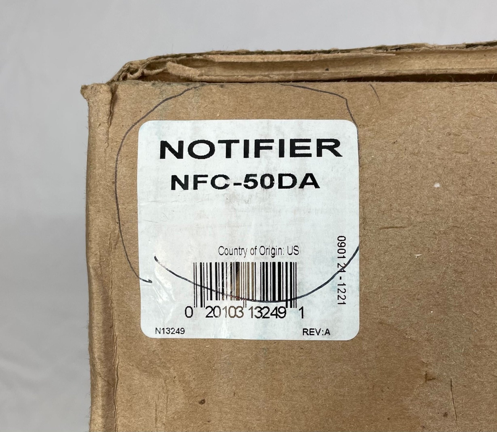 Notifier NFC-50DA amplifier device with front panel and connection ports, used for audio amplification systems.