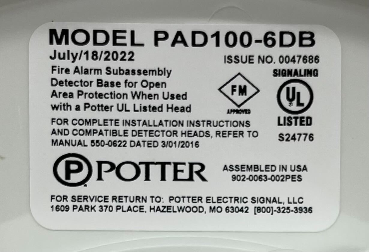Potter PAD100-6DB 6-inch addressable detector base for fire alarm systems, shown with mounting details and connection points.