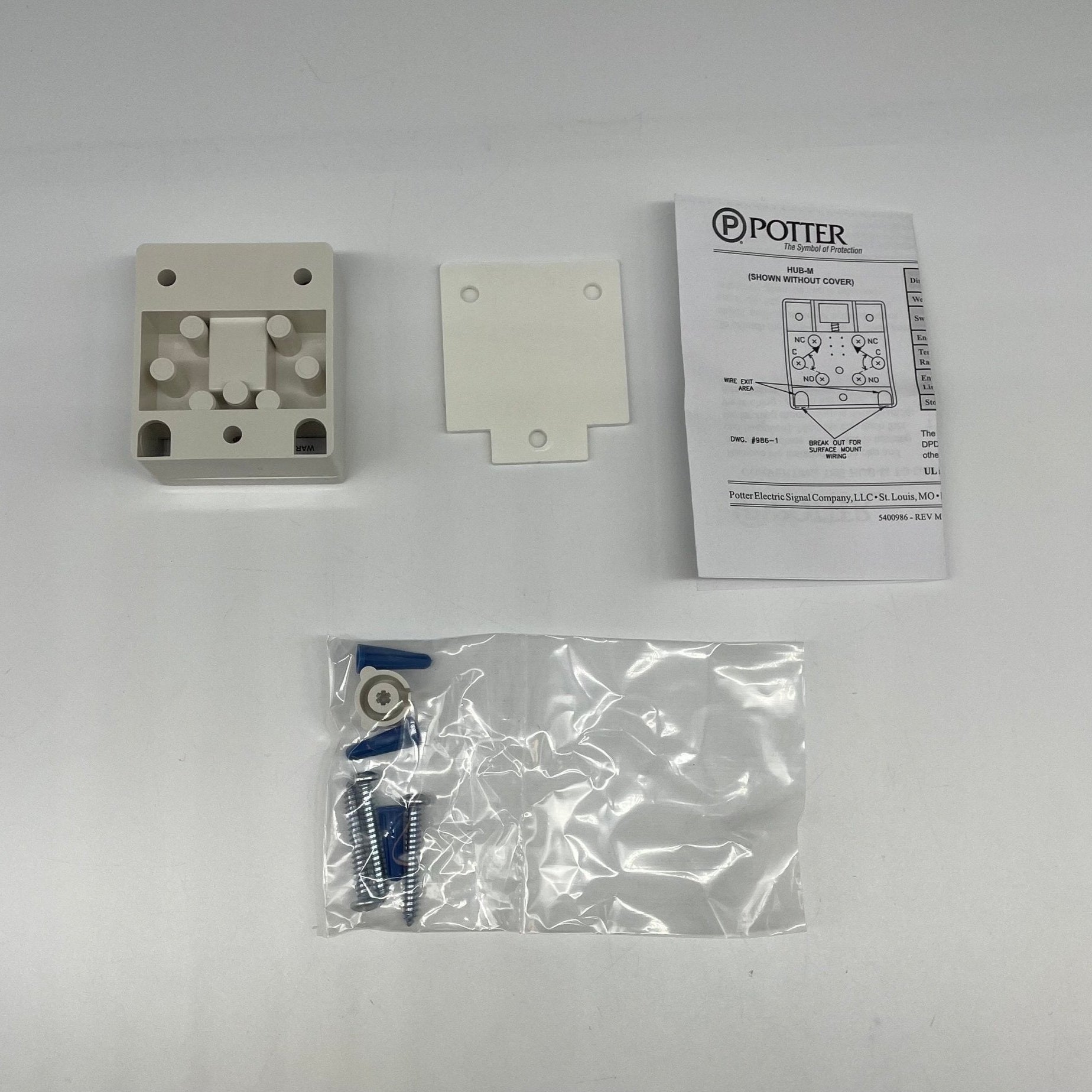 Potter HUB-M fire alarm hold-up switch with a single button, used for emergency activation or reset in fire safety systems.