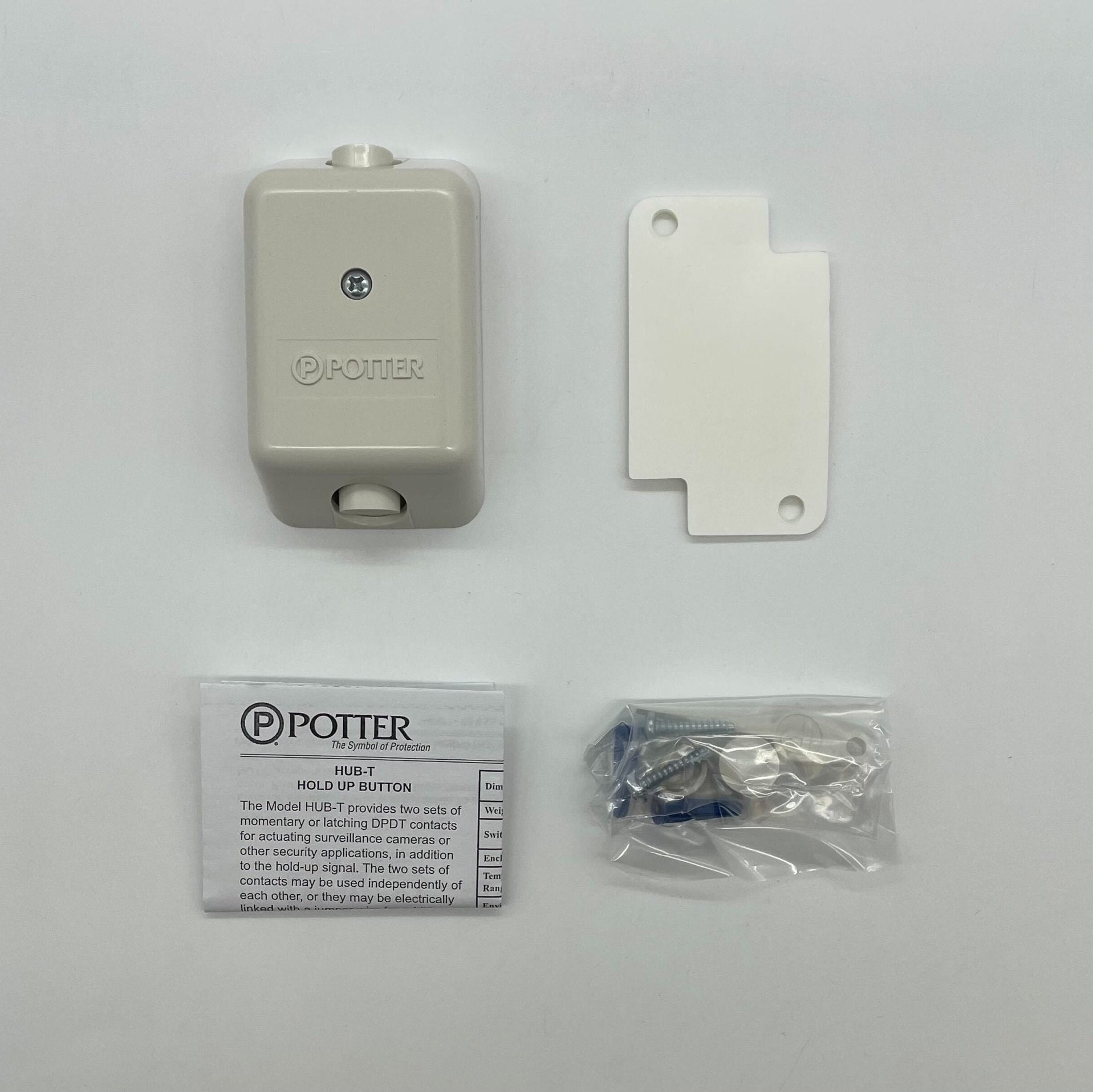Potter HUB-T dual button hold-up fire alarm with push buttons and alarm indicator, mounted on a white background.