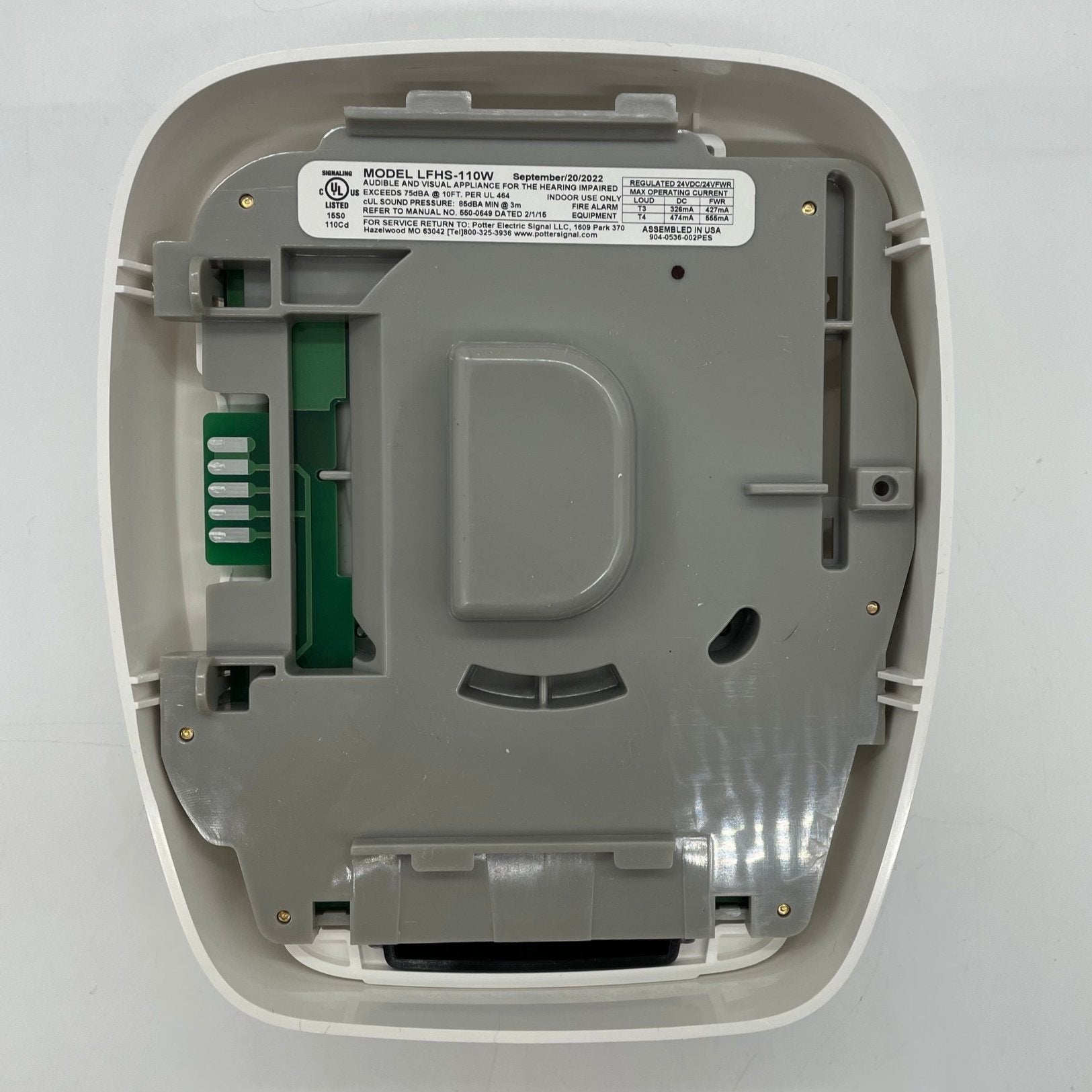 Potter LFHS-110W low frequency horn strobe with yellow housing and mounting bracket for fire alarm systems.
