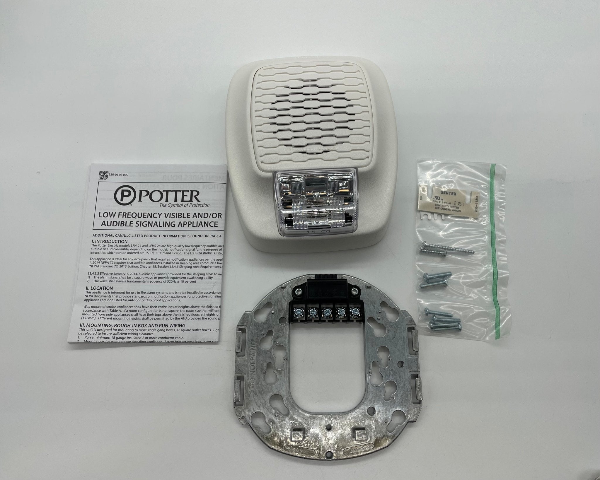Potter LFHS-15W low frequency horn strobe with red casing and mounting bracket, designed for loud alarm alerts.