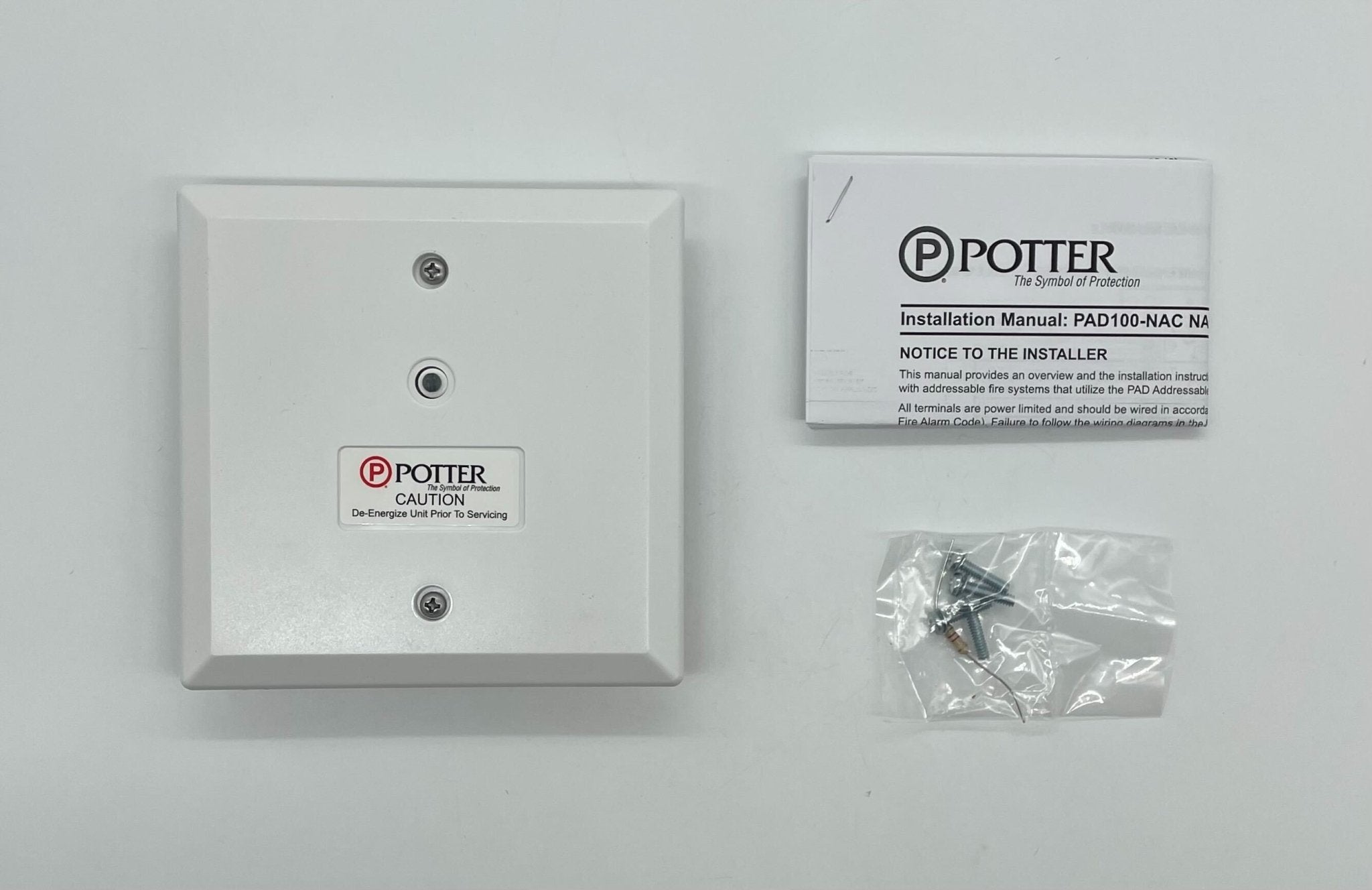 Potter PAD100-NAC notification appliance circuit module for fire alarm systems, shown with electronic components and wiring.
