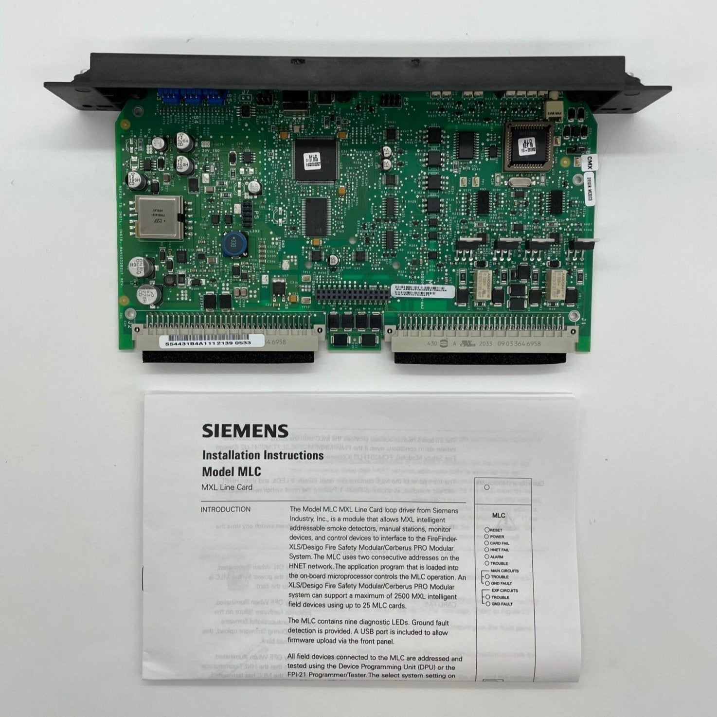 Siemens MLC S54431-B4-A1 Line Card for fire alarm MXL addressable devices, showing the circuit board and connection ports