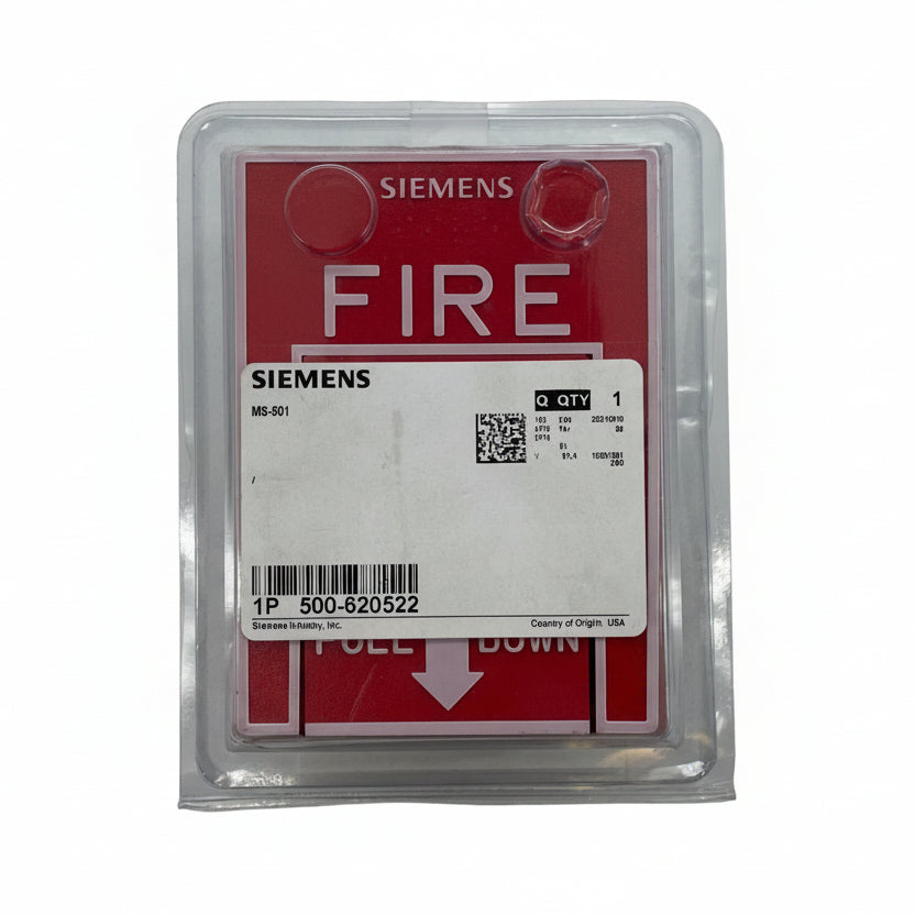 Siemens MS-501 manual fire alarm pull station with double-action lever for emergency activation, mounted on wall.