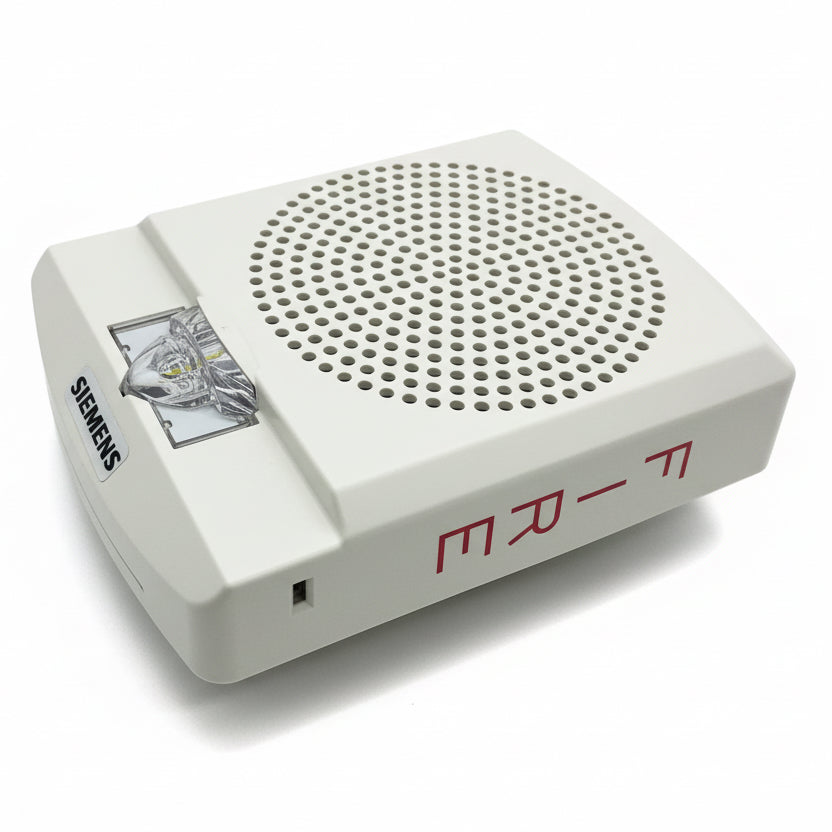 Siemens SLSPSWW-F speaker strobe light with white housing and mounting bracket for emergency alert signaling.